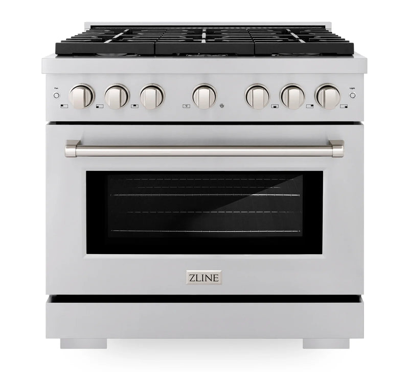 ZLINE 5-Piece Appliance Package - 36-Inch Gas Range, Refrigerator with Water Dispenser, Convertible Wall Mount Hood, Microwave Drawer, and 3-Rack Dishwasher in Stainless Steel (5KPRW-RGRH36-MWDWV)