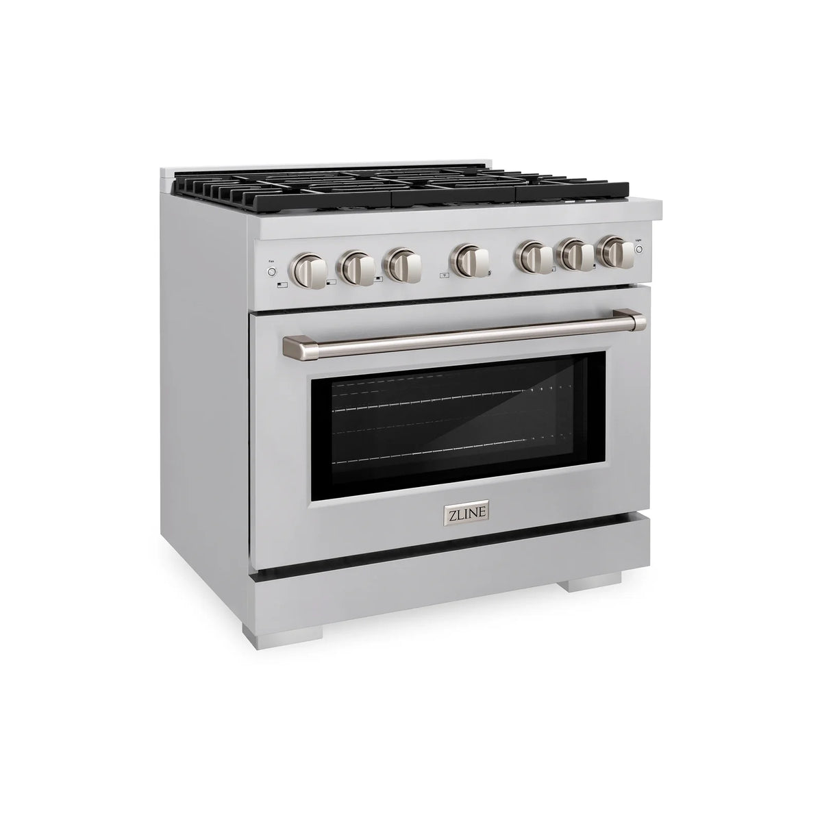 Stainless steel gas range with front control knobs and oven door handle