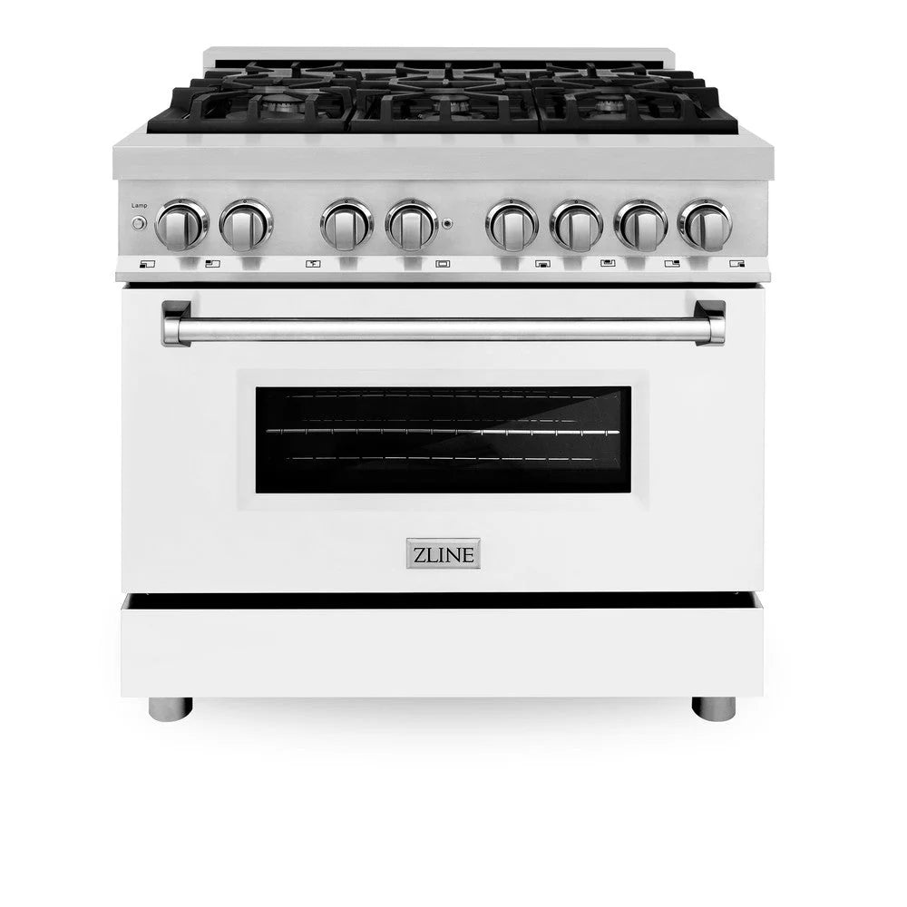 ZLINE dual fuel range front view with white matte door, burner knobs, and handle