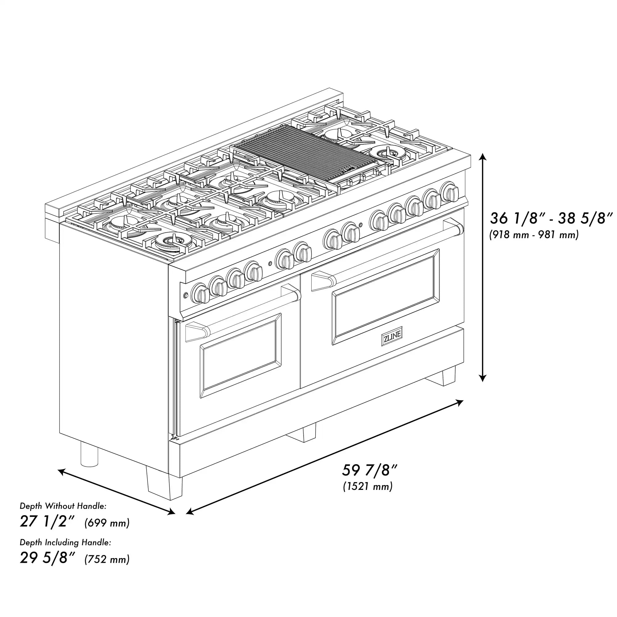 Dual-fuel range technical outline with burner layout and size dimensions