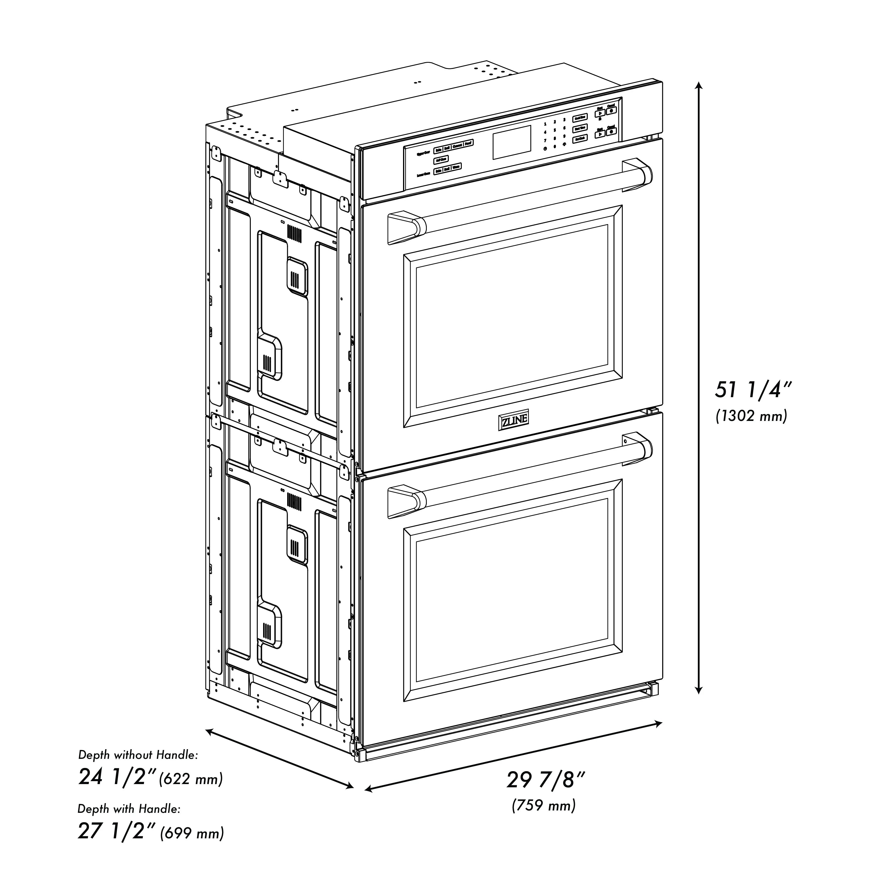 Stainless double wall oven unit, front open view with two door openings