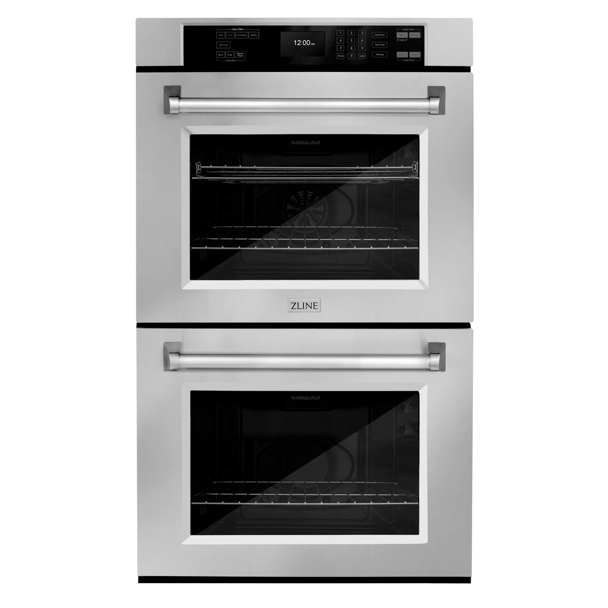 Stainless steel double wall oven with two black-glass doors and pull handles