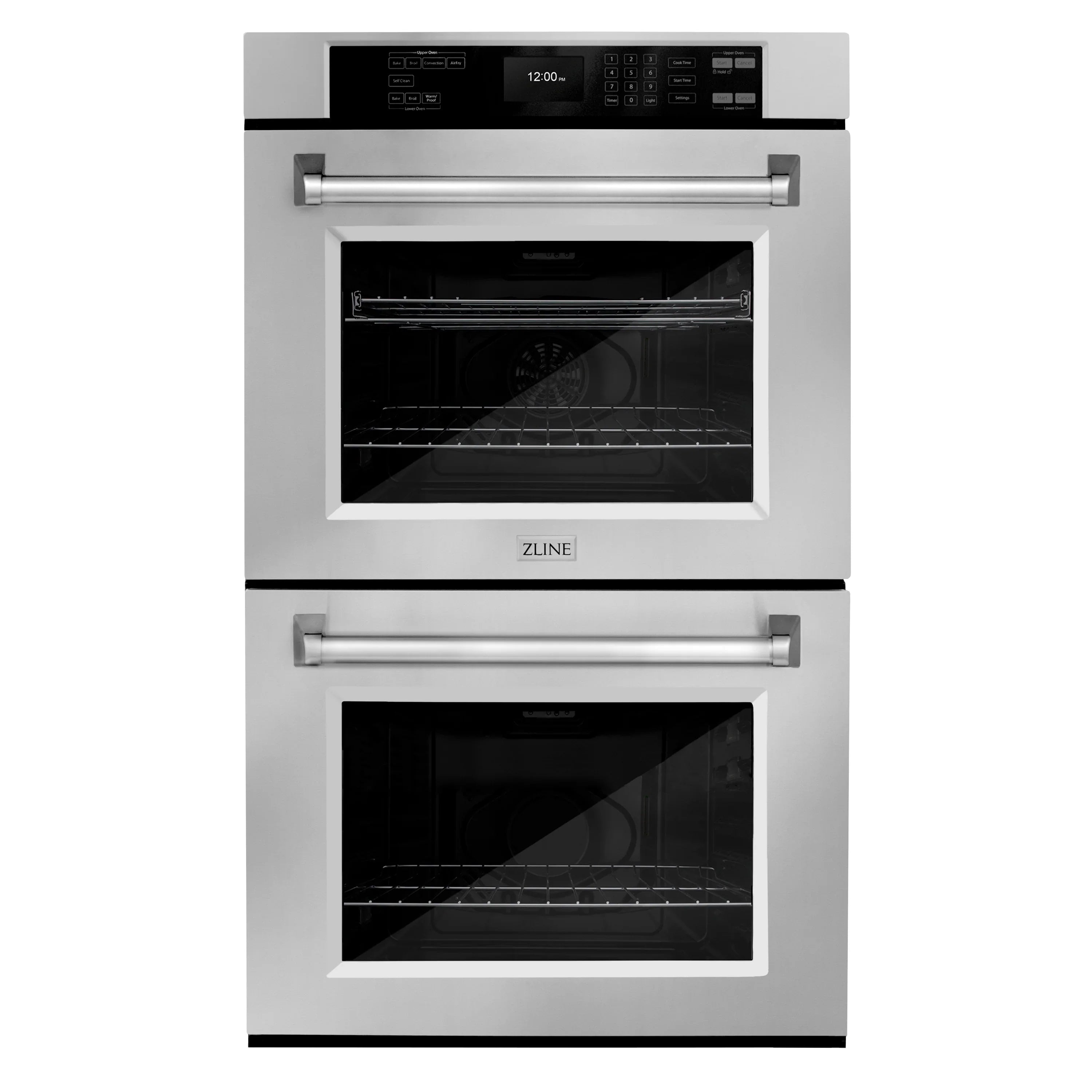 Stainless steel double wall oven set with two open doors and racks inside