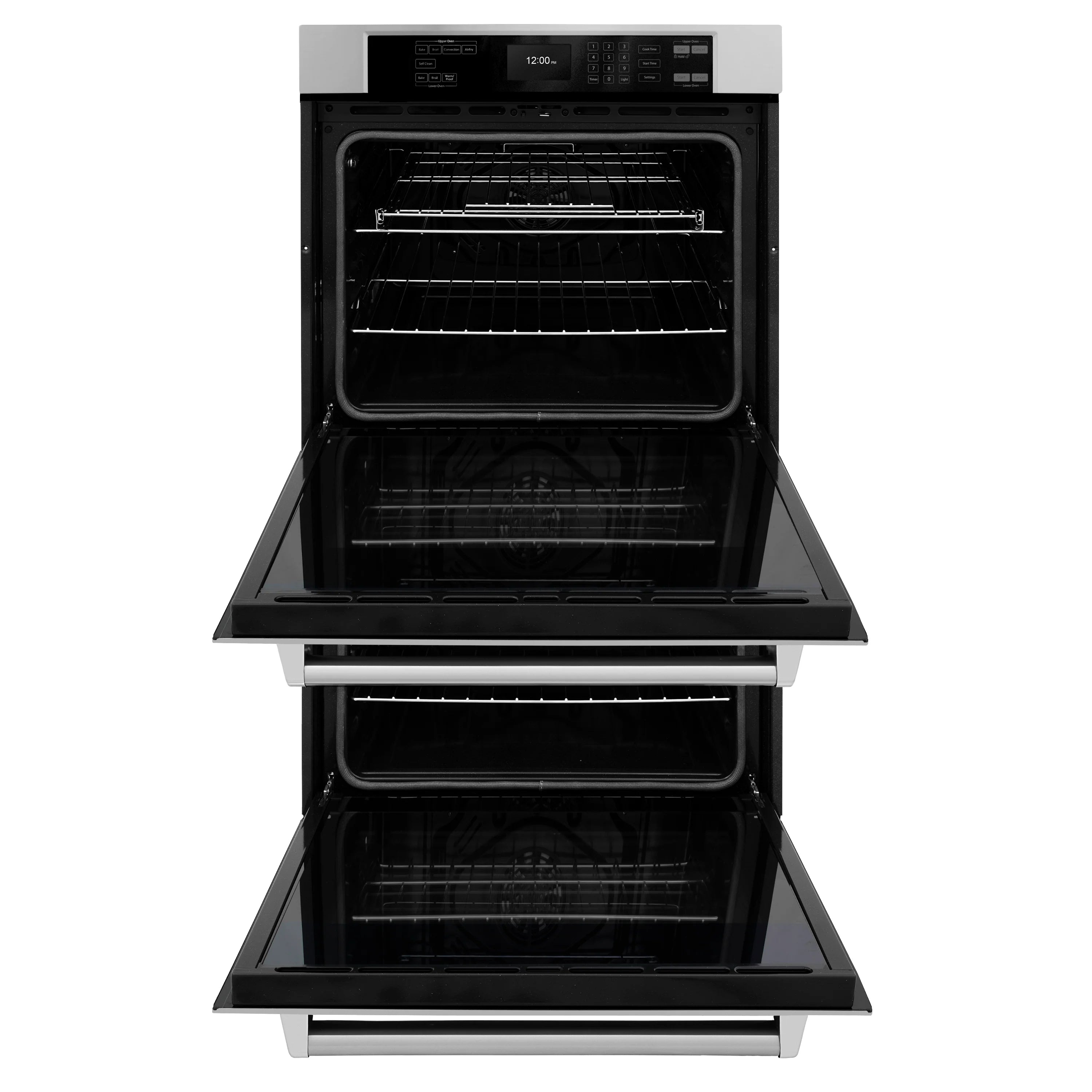 Stainless double wall oven with both doors open and interior racks visible