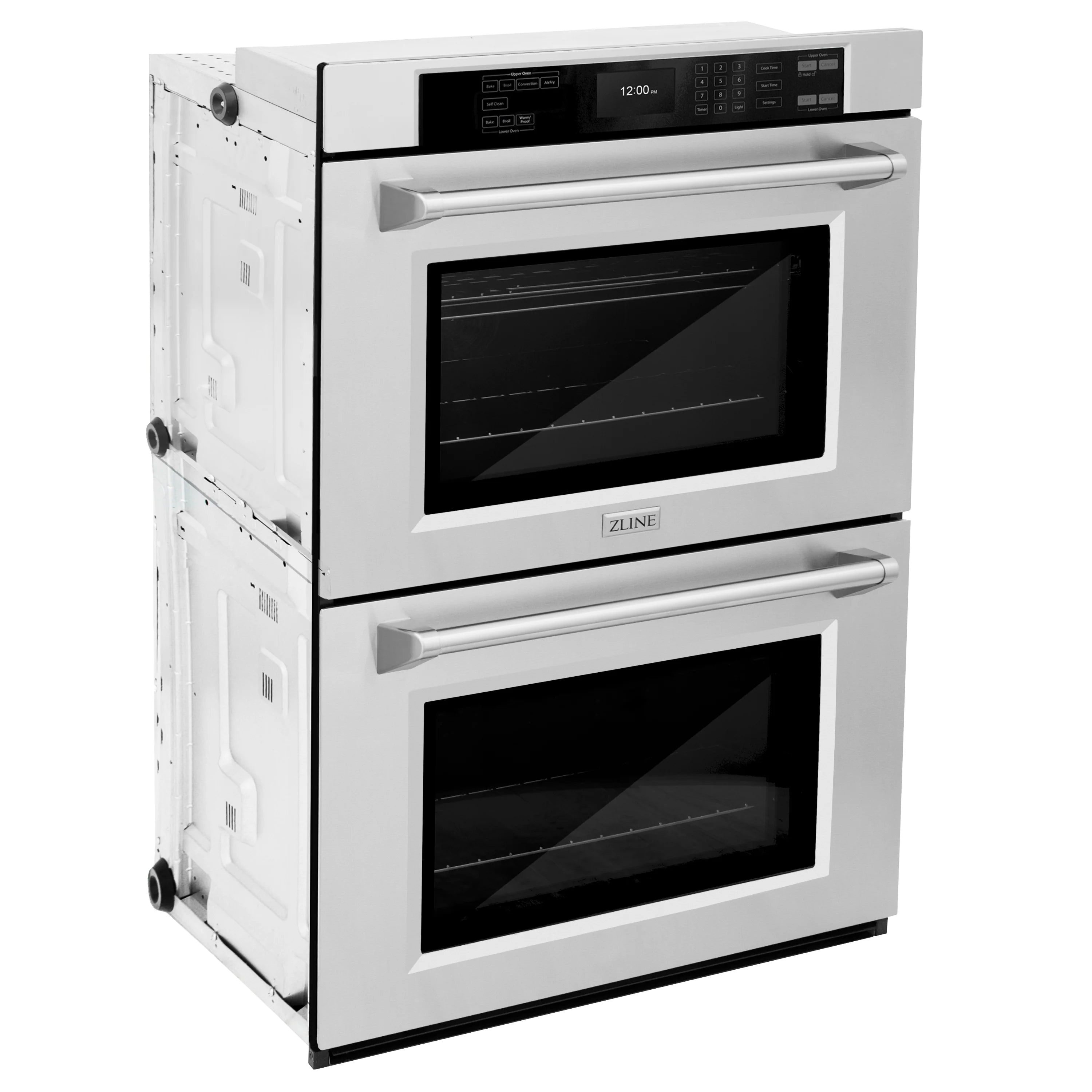 Stainless double wall oven, front view with two doors and control panel