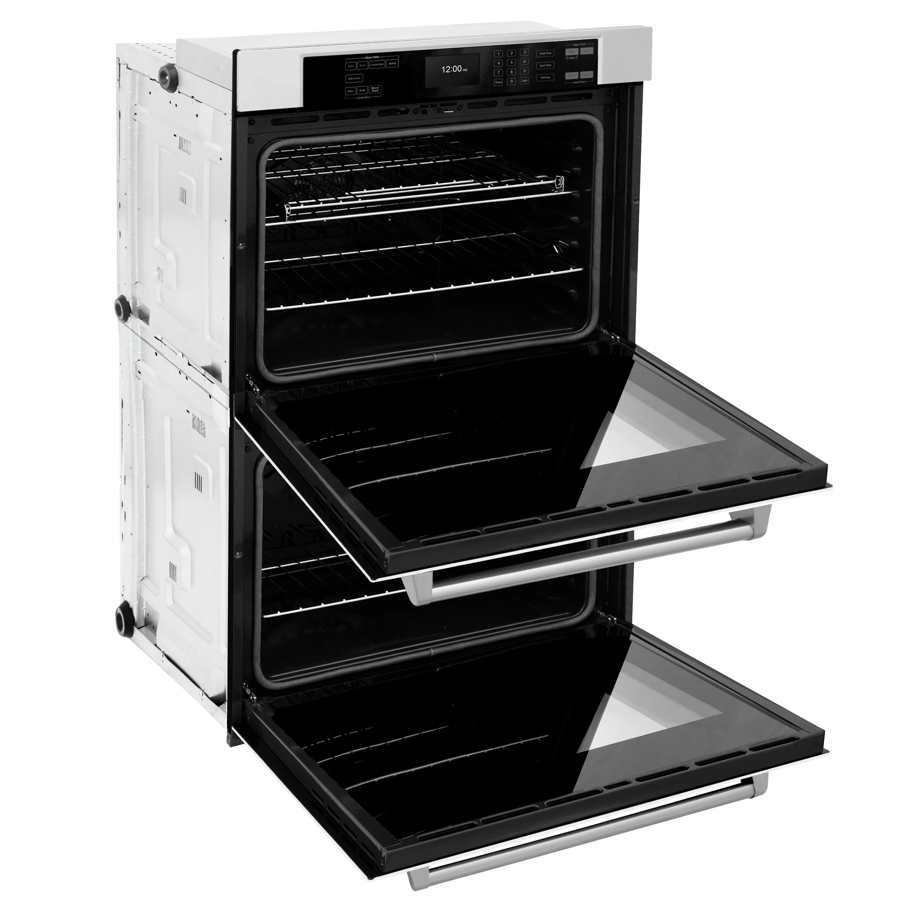 Stainless double wall oven with both oven doors open and racks inside
