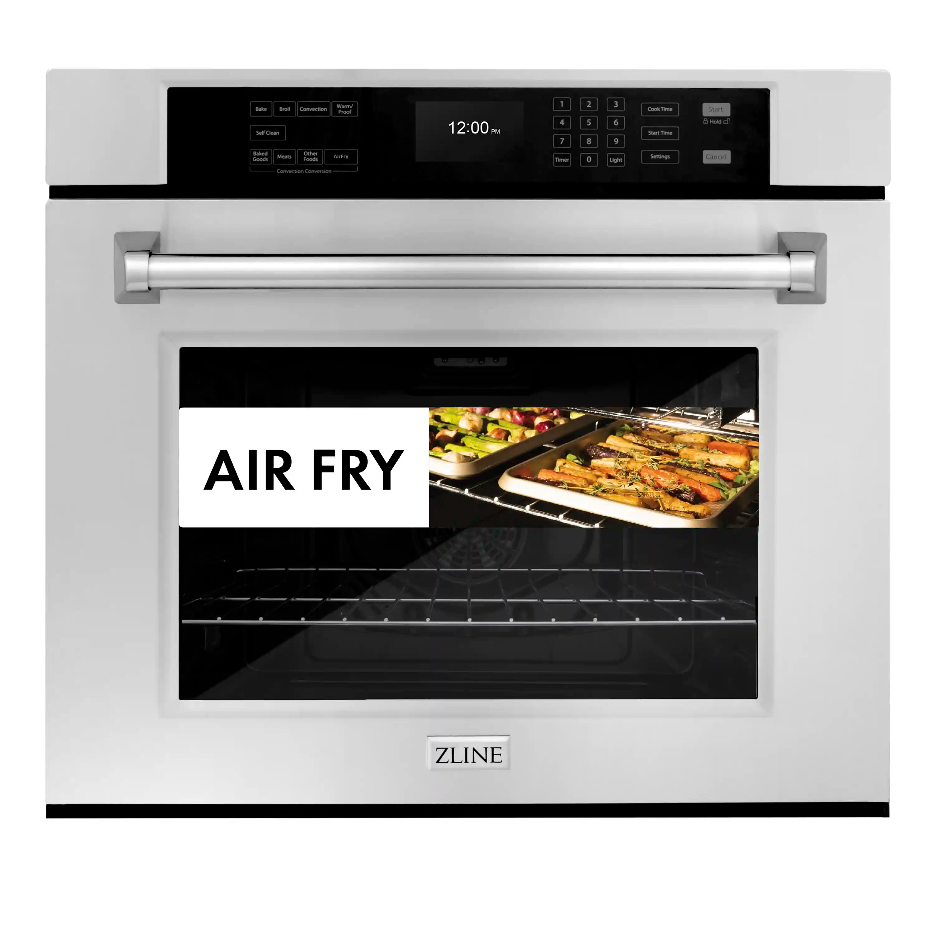 Single wall oven door open with AIR FRY mode overlay and meal trays