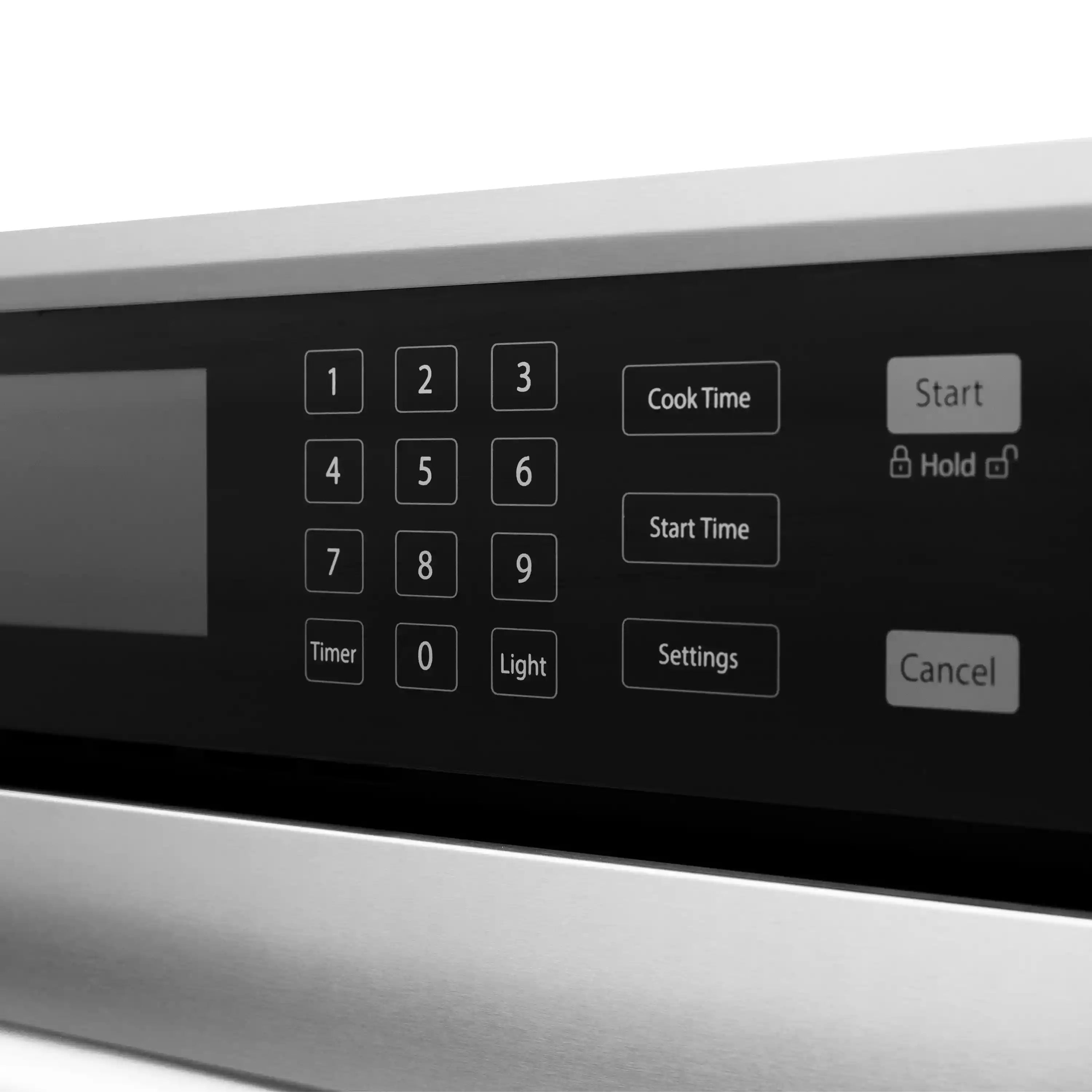 Stainless steel oven control panel with keypad, cook time display, and Start button