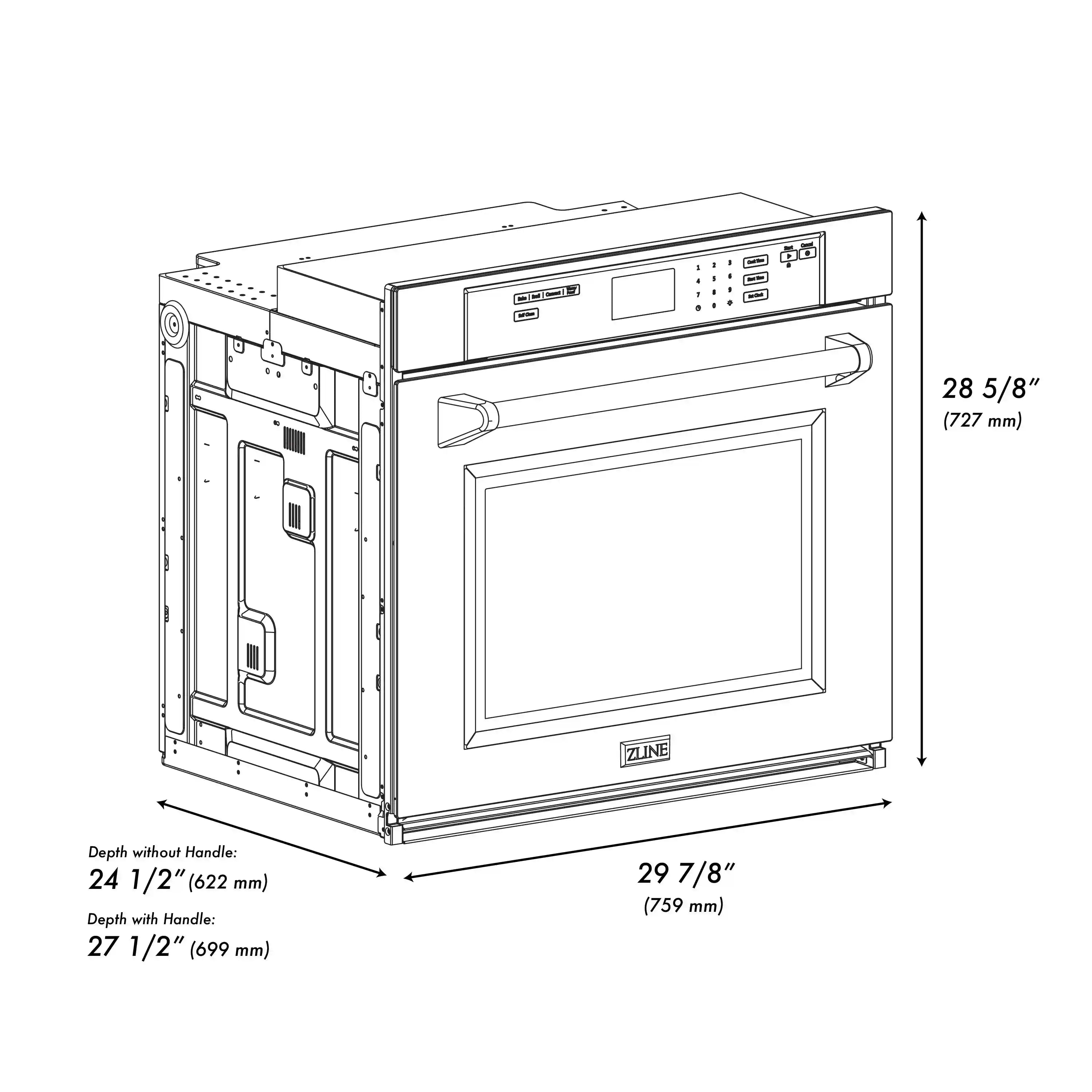 Stainless steel single wall oven with cutaway view and exterior dimensions