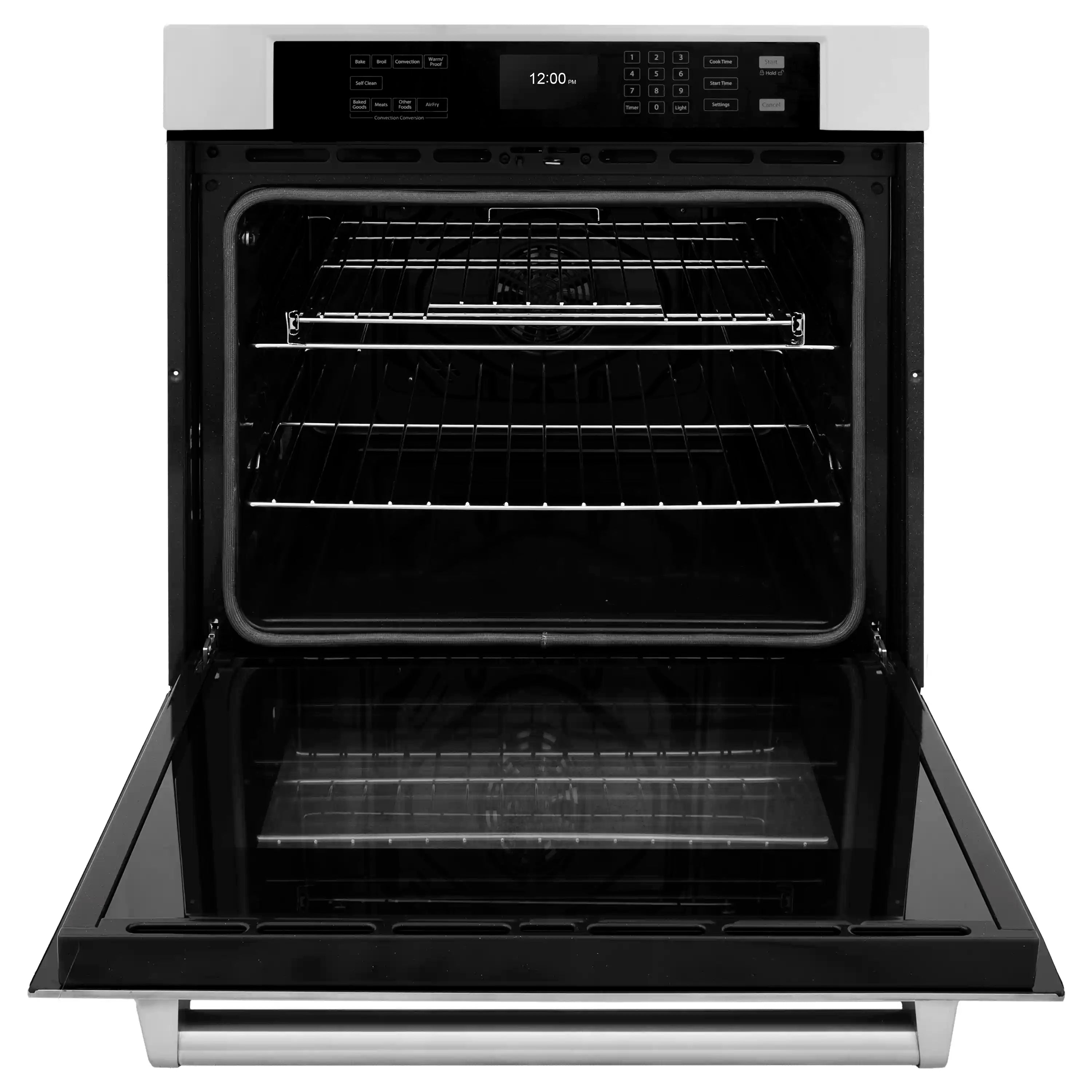 Open black oven door with two wire racks and stainless steel control panel