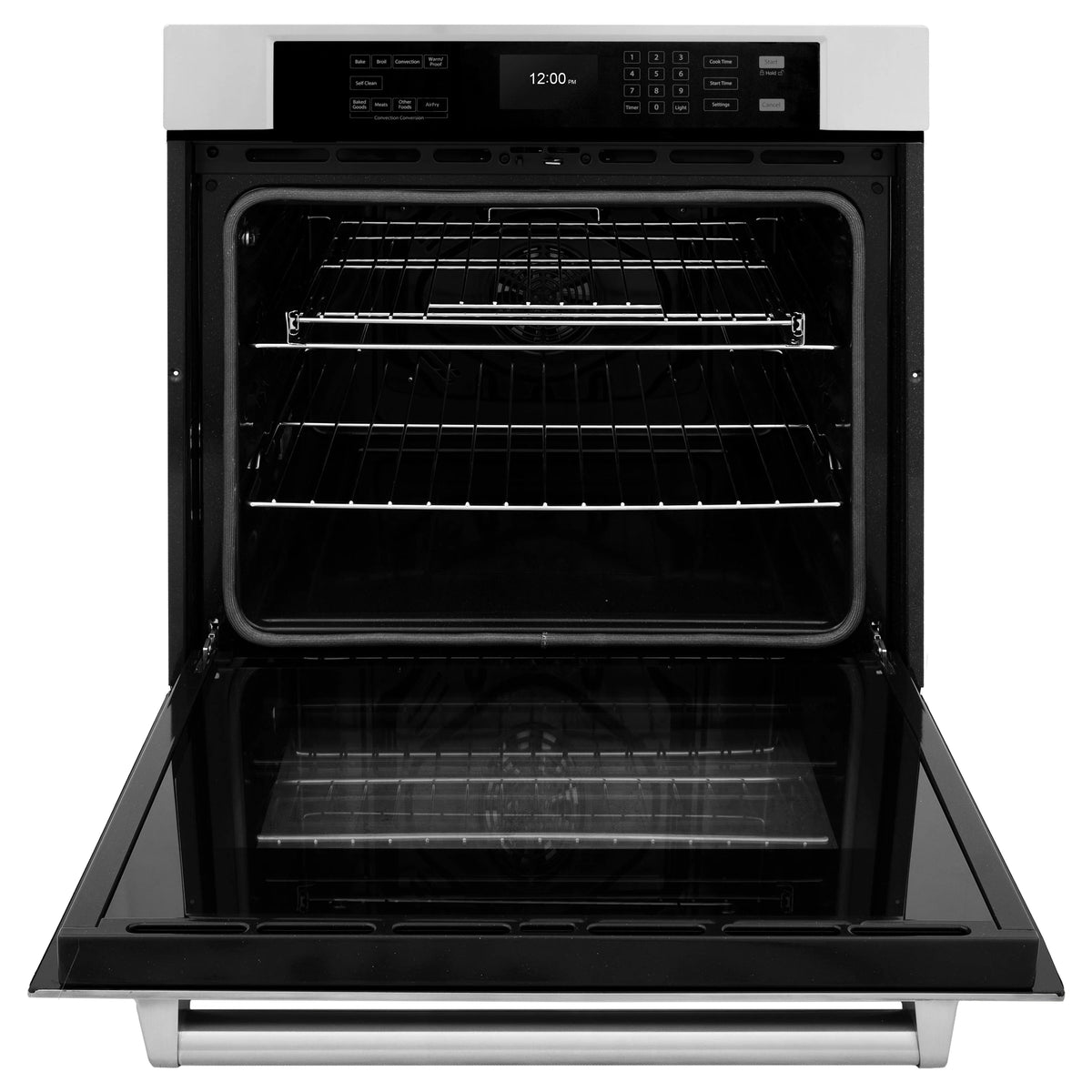 Stainless steel wall oven interior with racks and empty baking cavity, door open