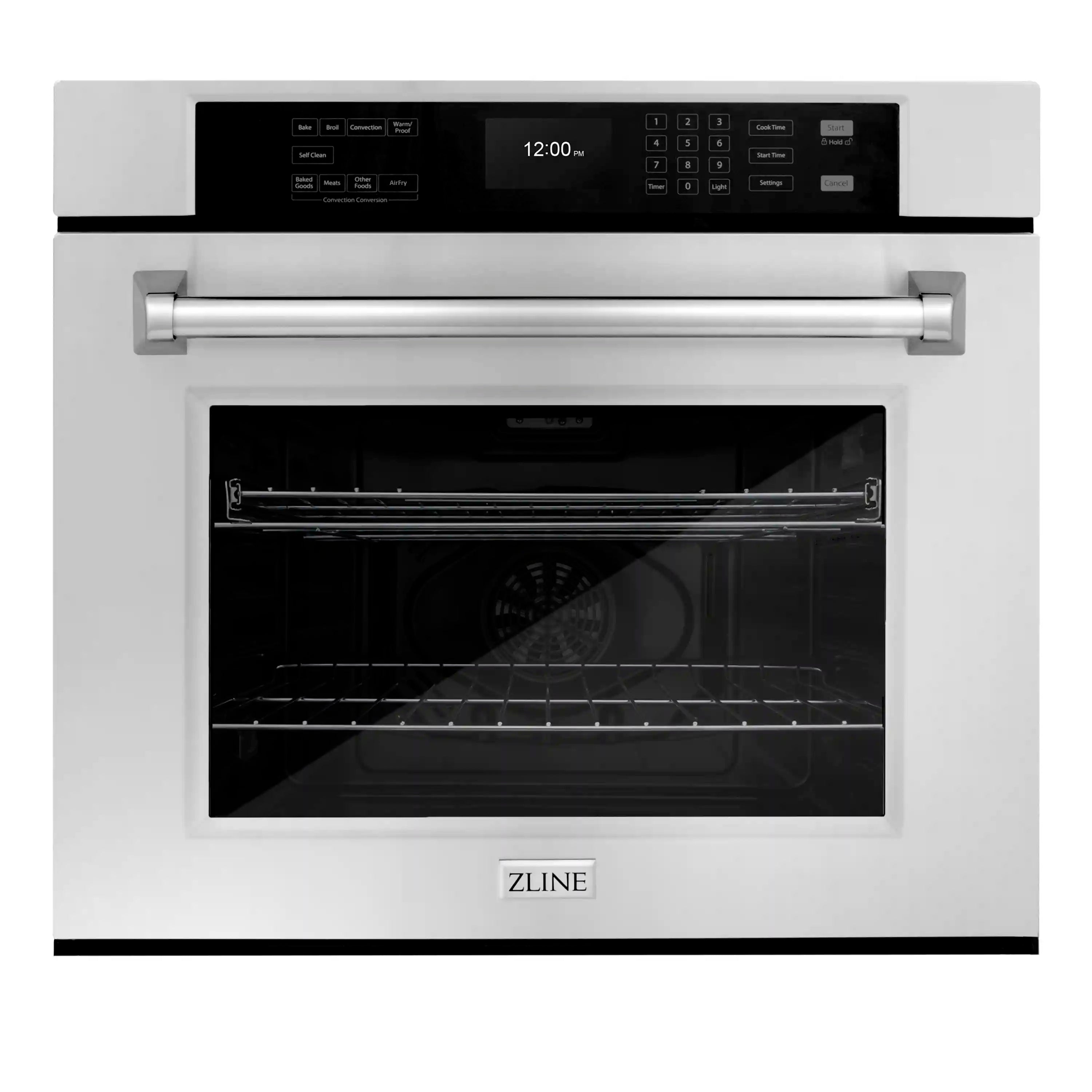 White single wall oven with control panel and open door showing racks