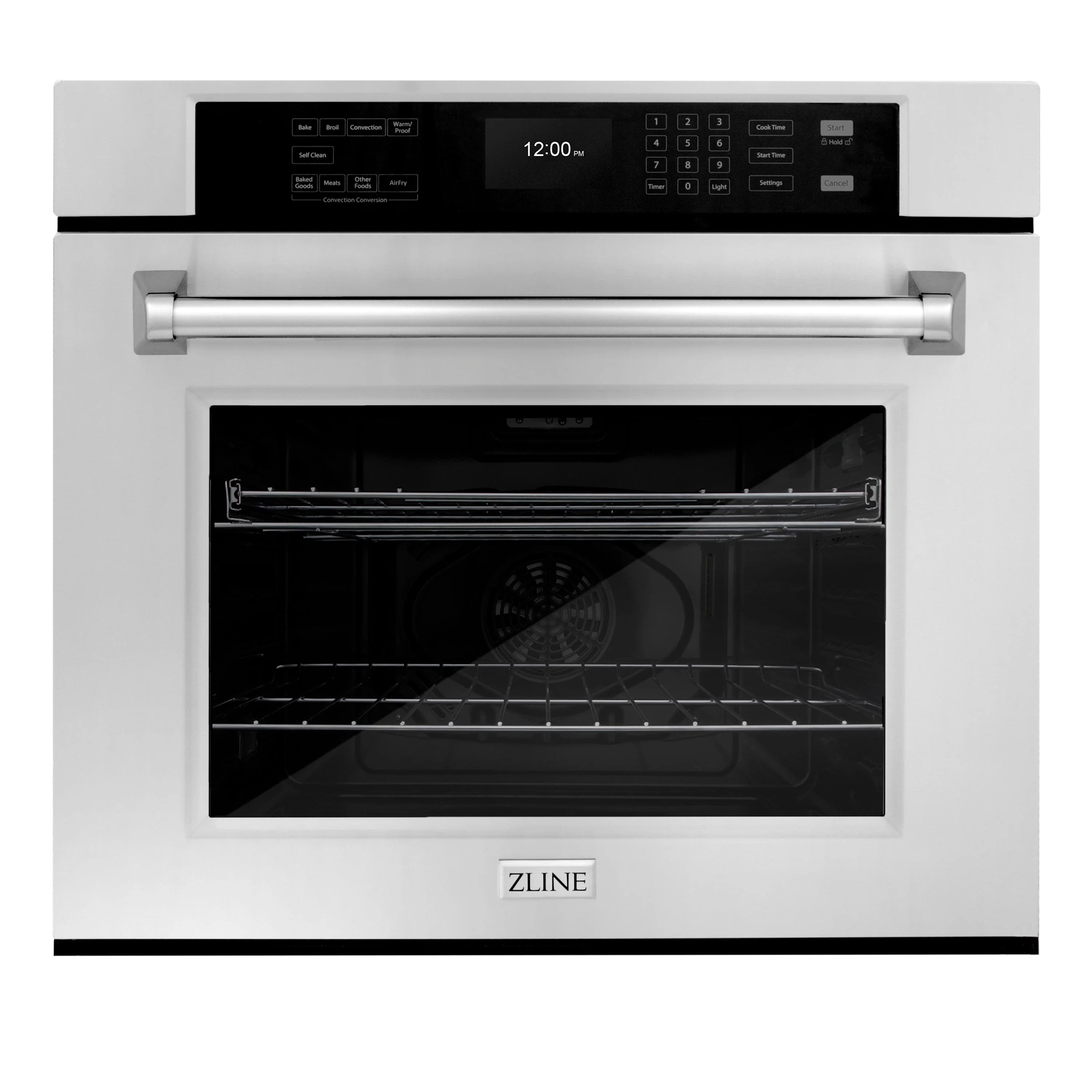 30-inch stainless steel wall oven with open glass door and ZLINE badge