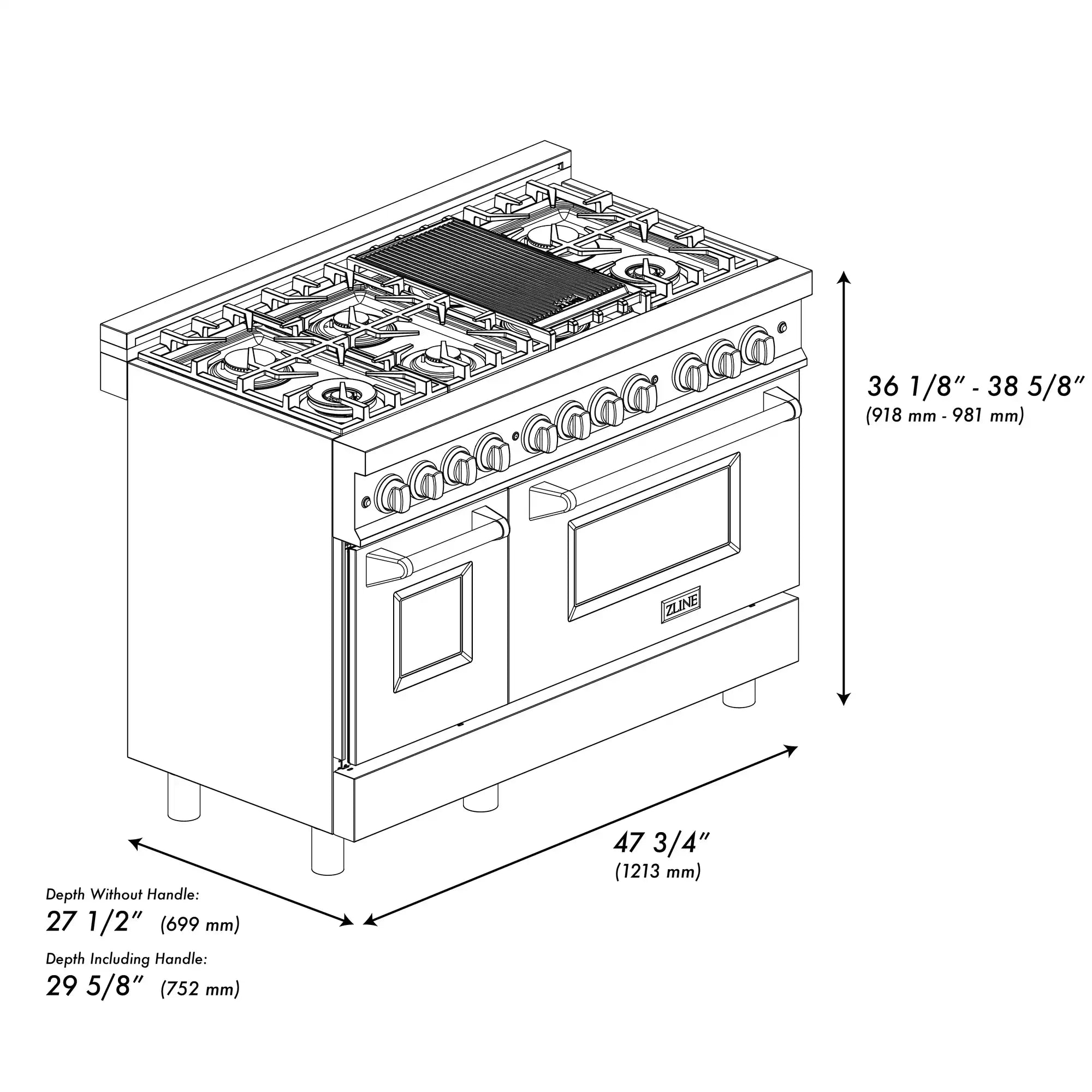 Dual-fuel range dimensions diagram with cooktop burners and control panel