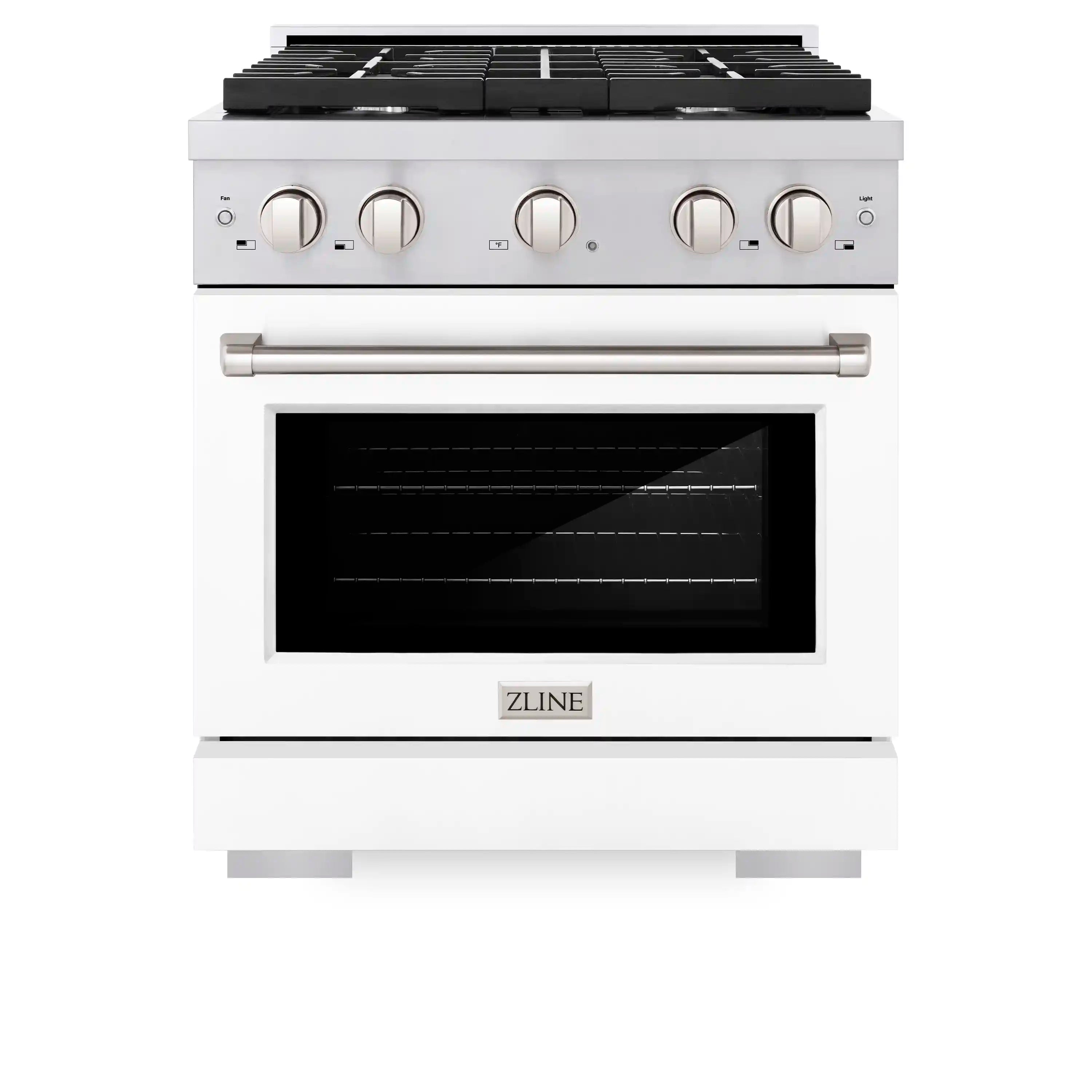 White matte door dual fuel range with four control knobs and stainless handle
