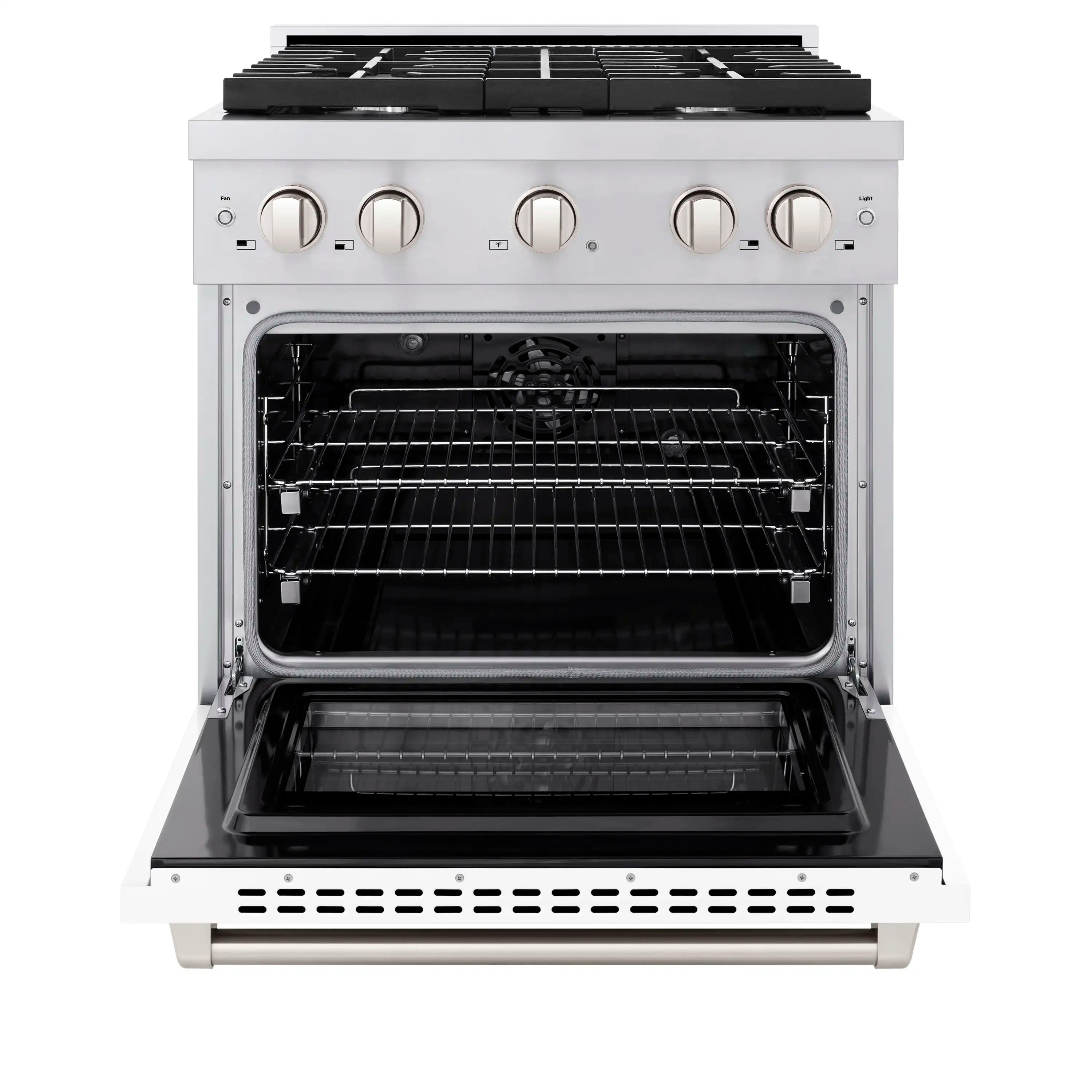 Dual fuel oven with door open, showing black interior and wire cooking rack