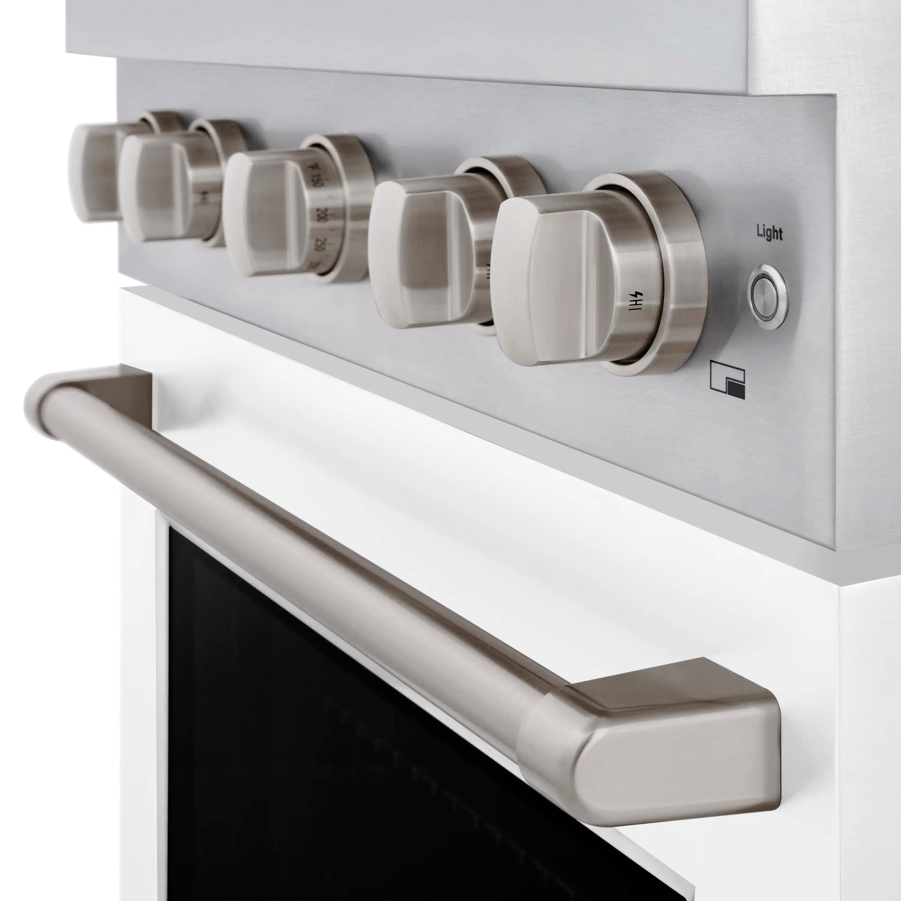 White control panel with cooktop knobs, Light control, and vented handle
