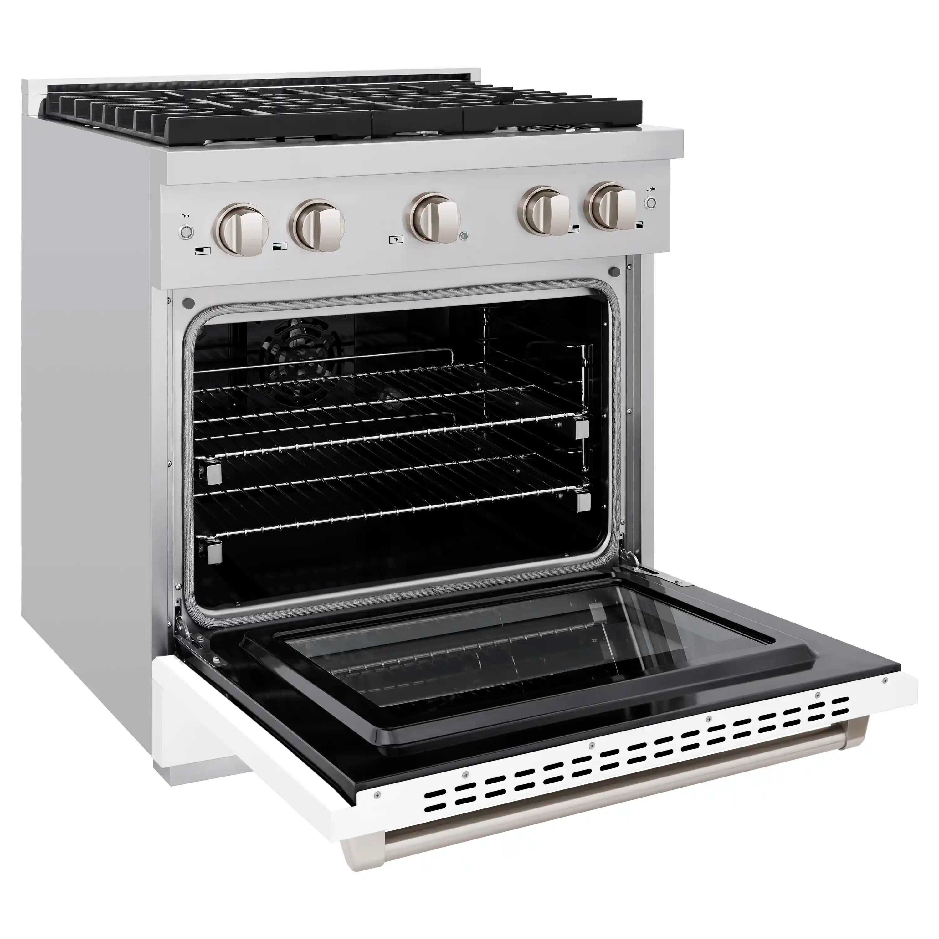 Dual fuel range with oven door open, showing black convection oven racks