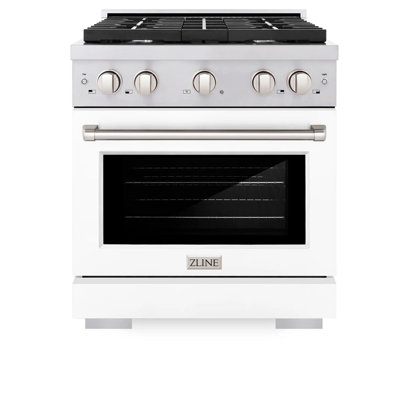 ZLINE 2-Piece Appliance Package - 30-inch Gas Range with White Matte Door and Convertible Vent Range Hood in Stainless Steel (2KP-RGWMRH30)