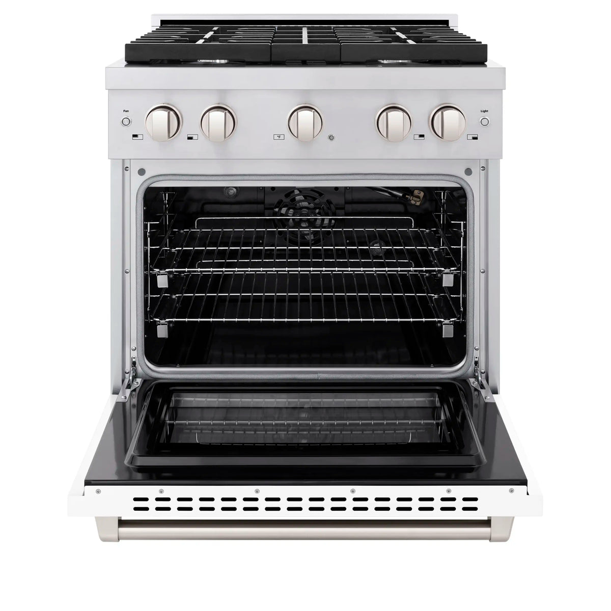 Open convection gas oven with interior racks and heating element at bottom