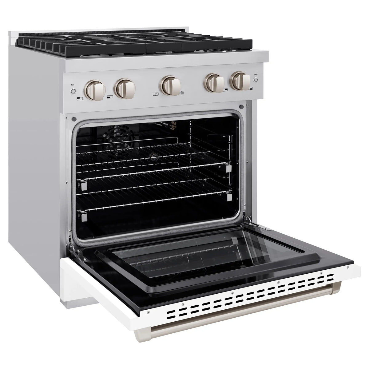 White gas range with open convection oven and chrome rack inside