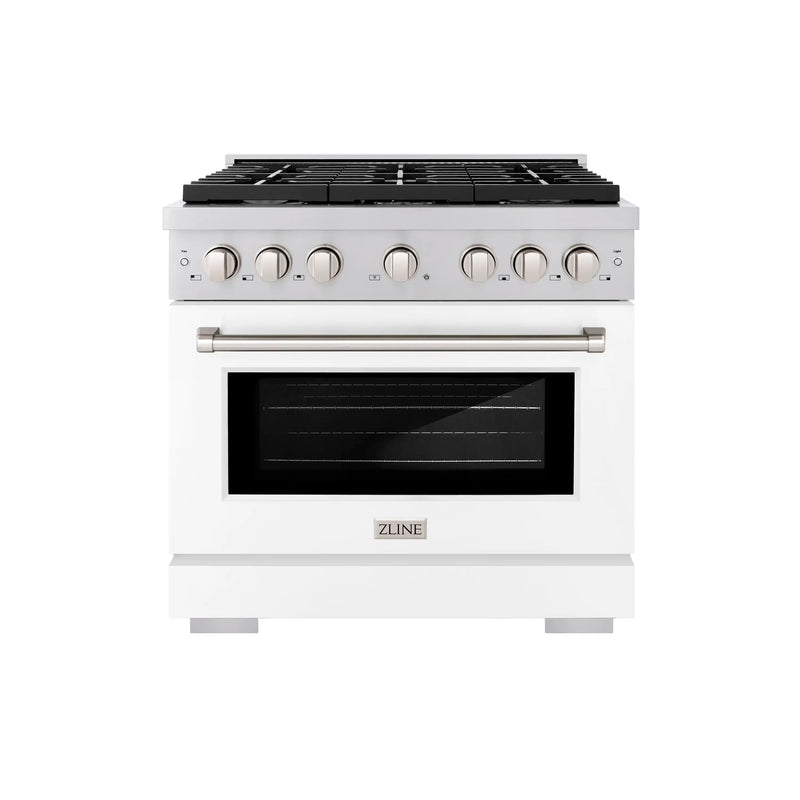 ZLINE 2-Piece Appliance Package - 36-inch Gas Range with White Matte Door and Convertible Vent Range Hood in Stainless Steel (2KP-RGWMRH36)