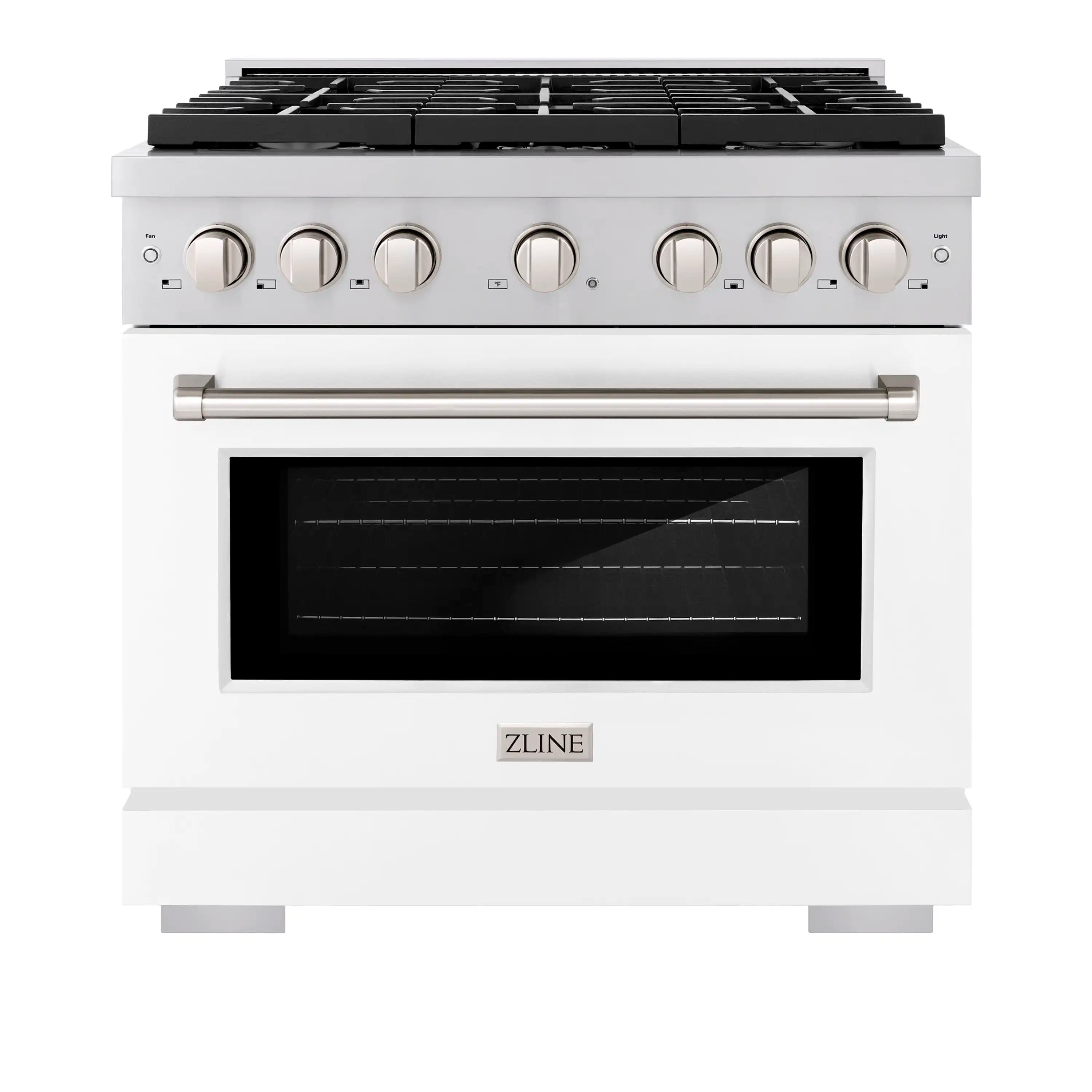 36-inch stainless gas range with 6 burners, convection oven, and white matte door