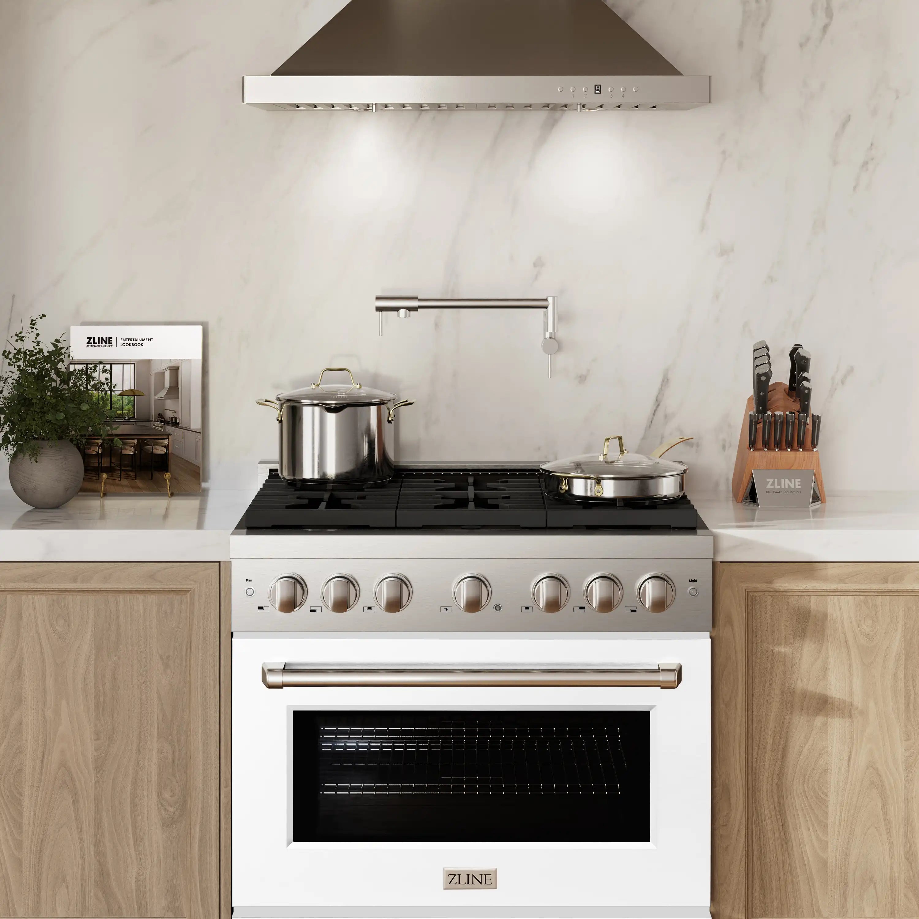 Stainless gas range with 6 burners and convection oven, white matte door