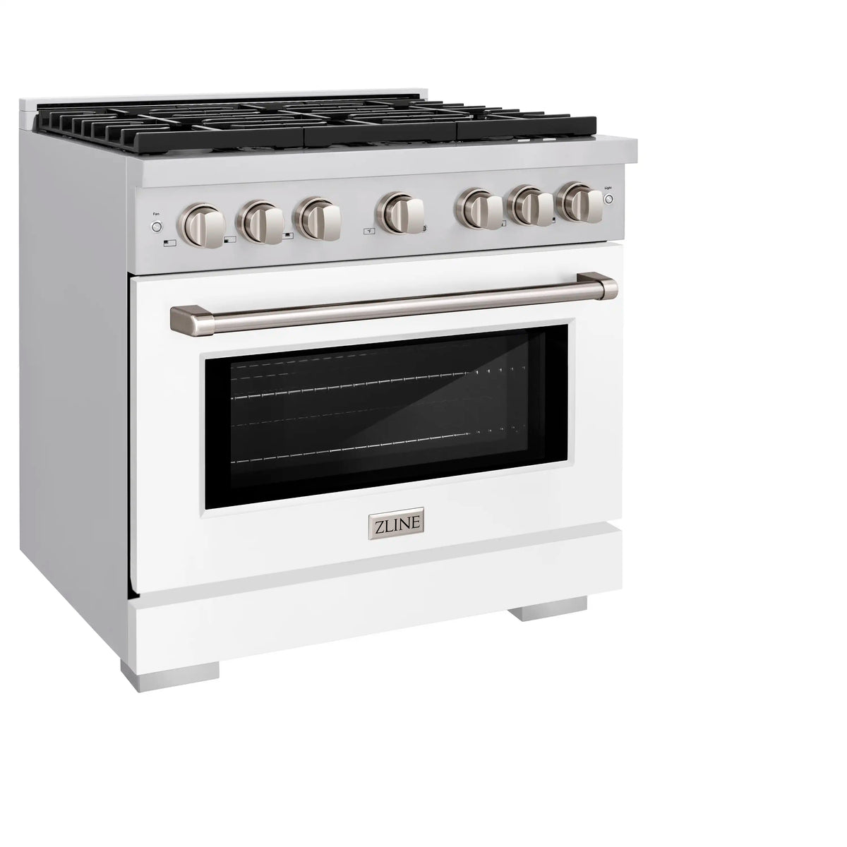 White gas range with stainless control panel, black grates, and glass oven door