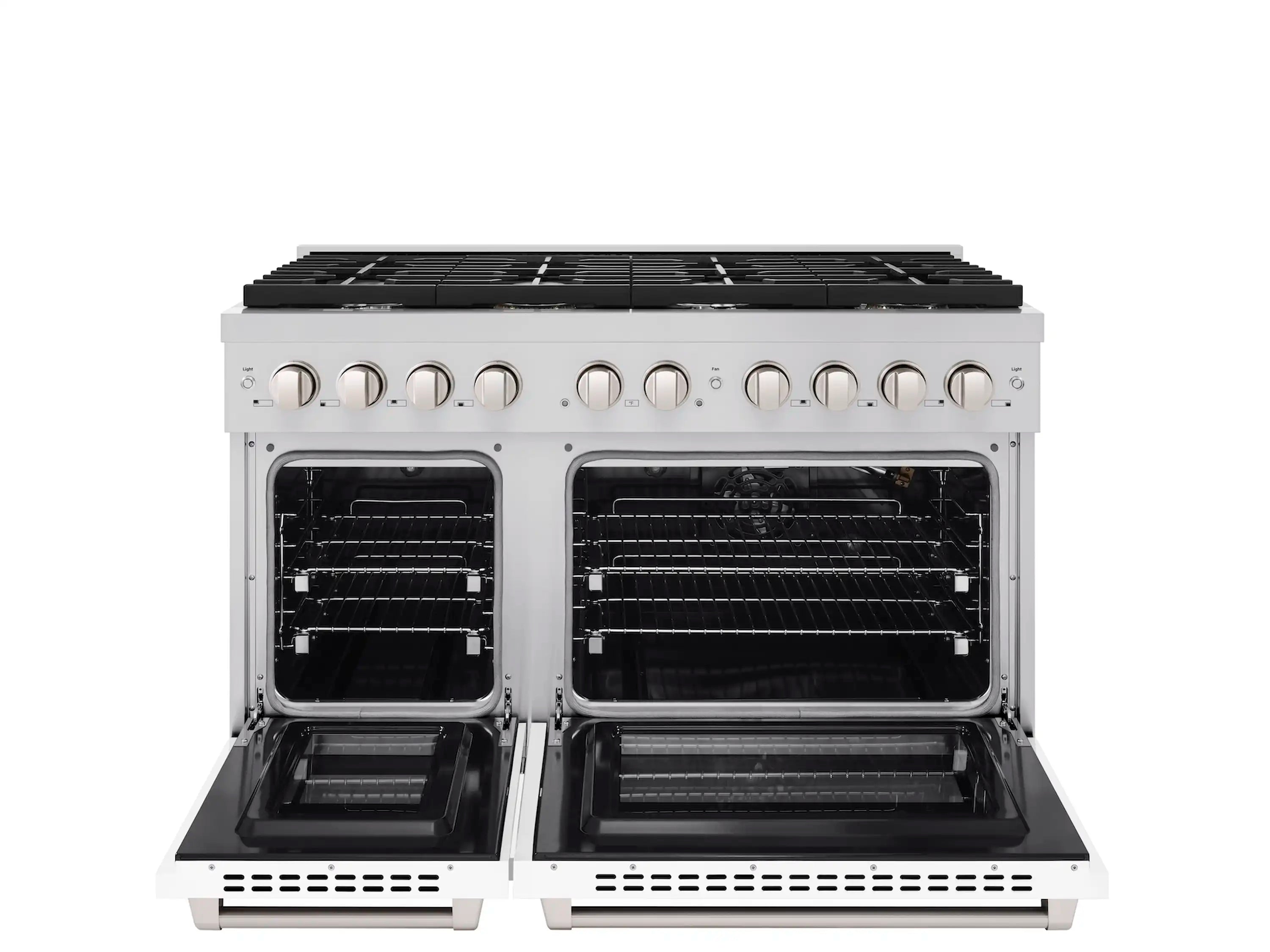 White gas range with both oven doors open, showing black interior racks