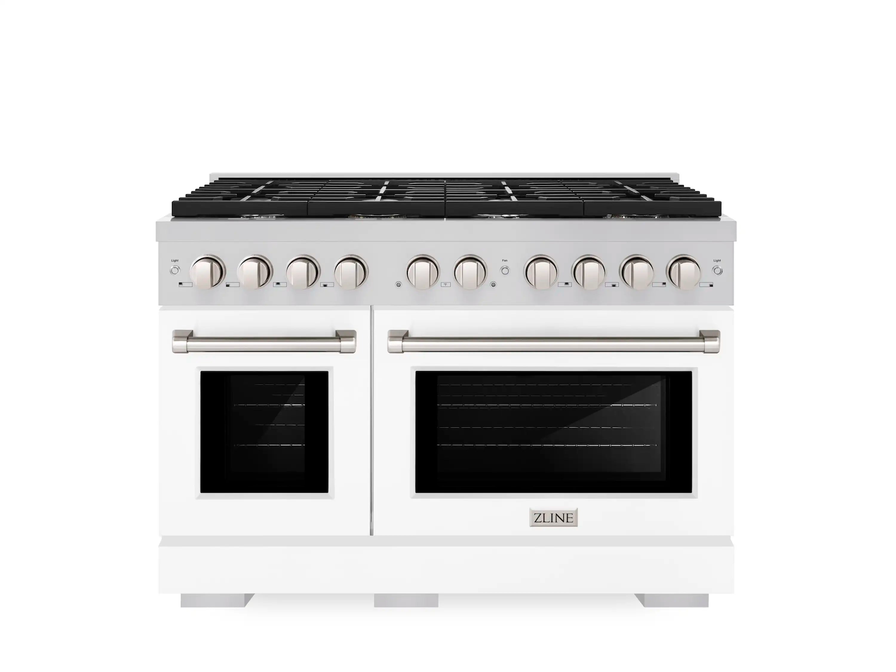 Stainless and white gas range with dual oven doors, burner knobs, and black cooktop grates