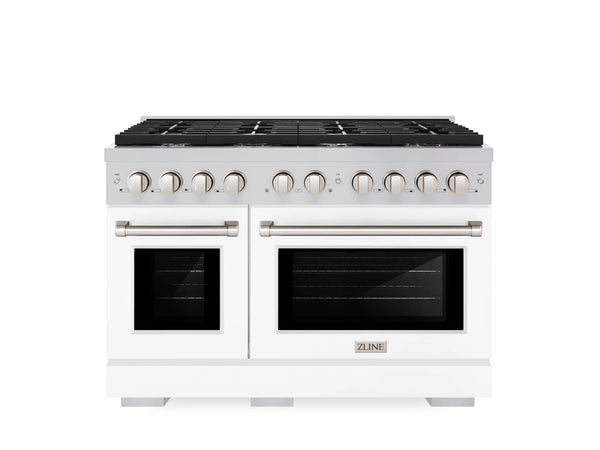 ZLINE 48-Inch Gas Range with 8 Gas Burners and 6.7 cu. ft. Gas Double Oven in Stainless Steel with White Matte Doors (SGR-WM-48)