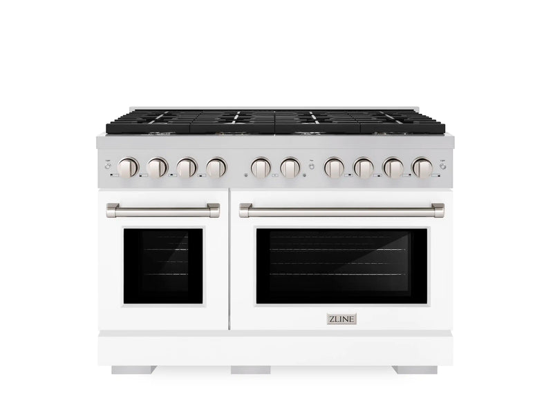 ZLINE 48-Inch Paramount Gas Range with 8 Gas Burners and 6.7 cu. ft. Gas Double Oven in Stainless Steel with White Matte Doors (SGR-WM-48)