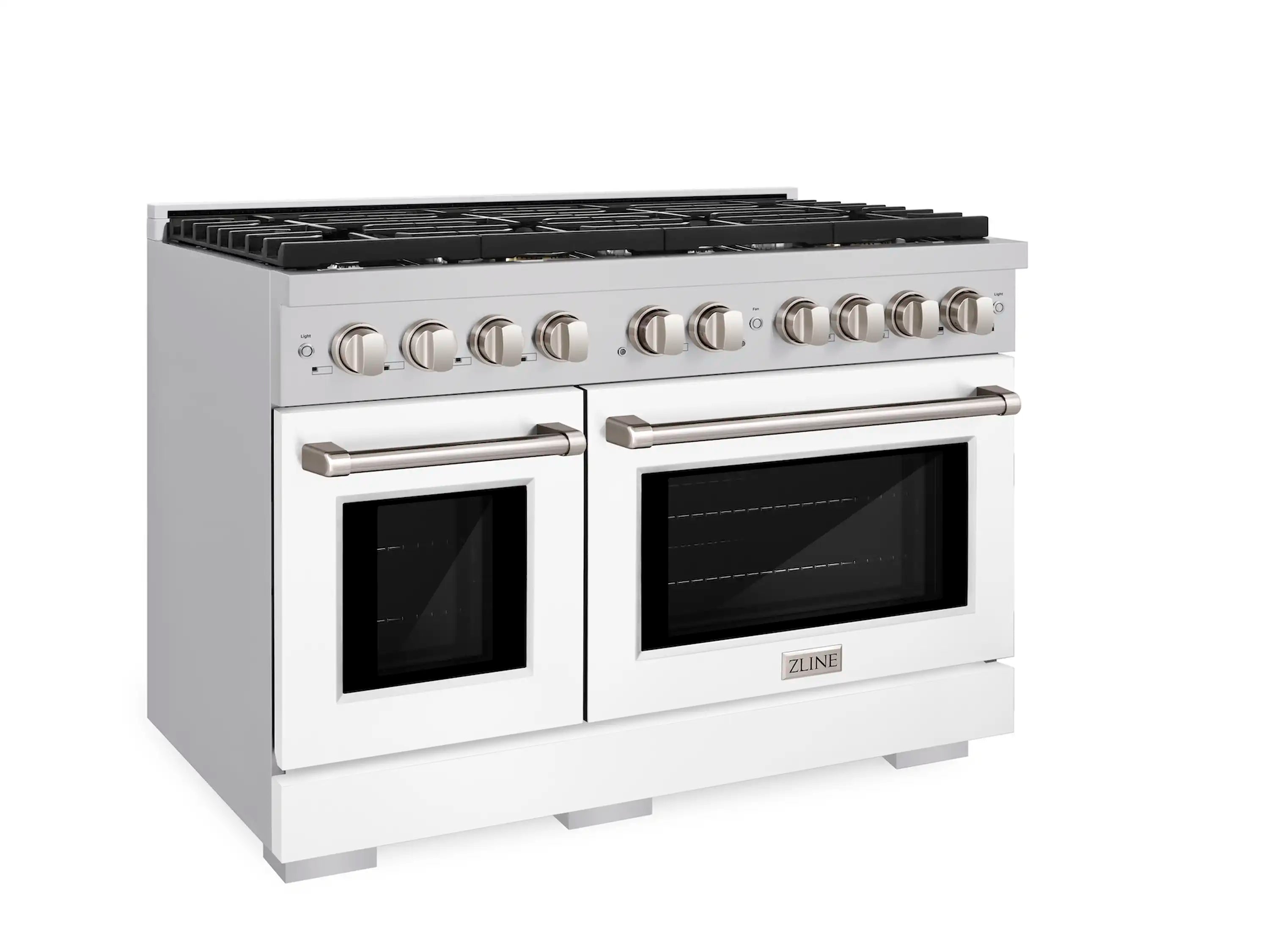 White gas range with stainless knobs, dual ovens, and front control panel