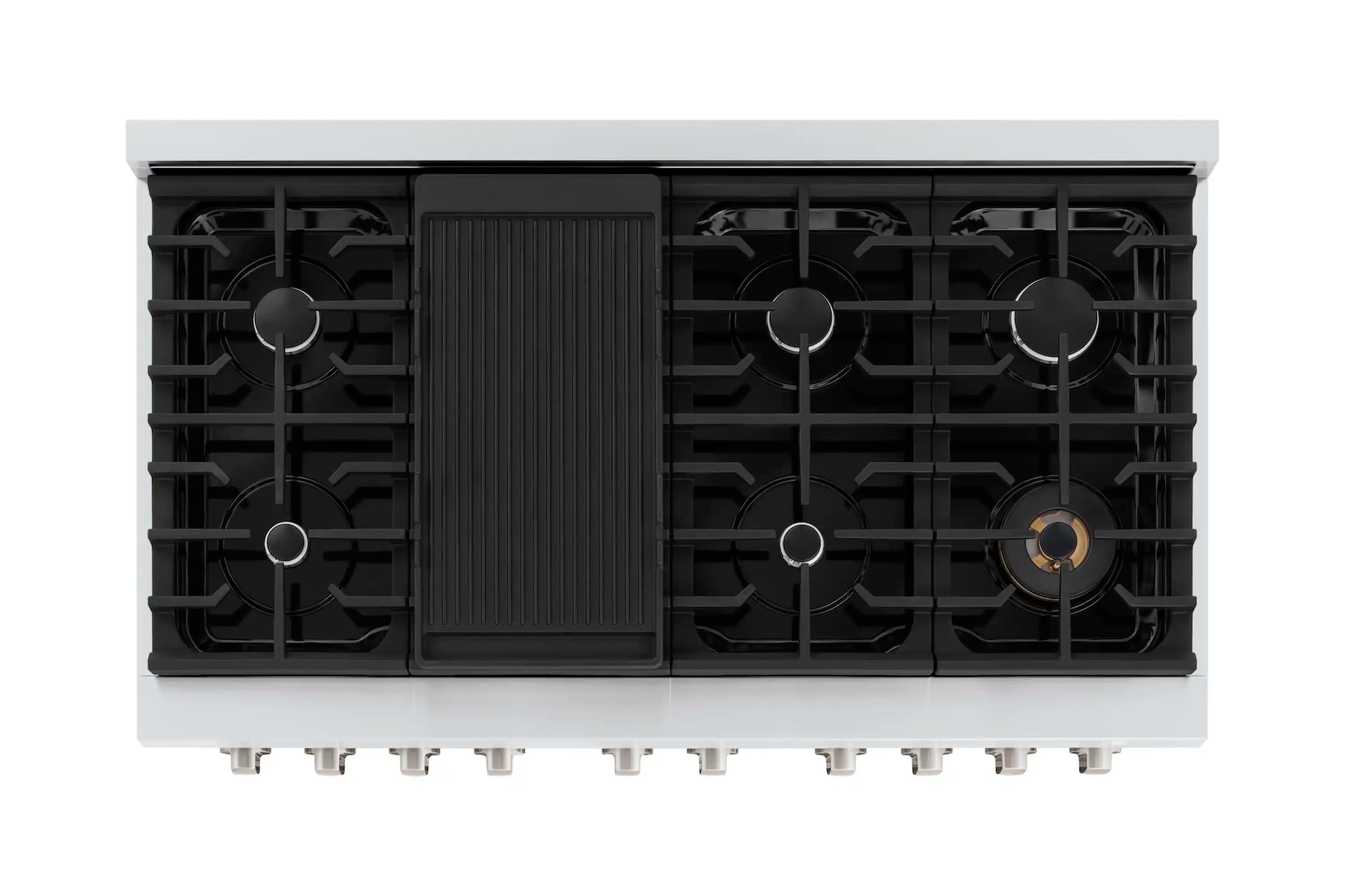 Gas range burner grates with center black griddle and circular control knobs