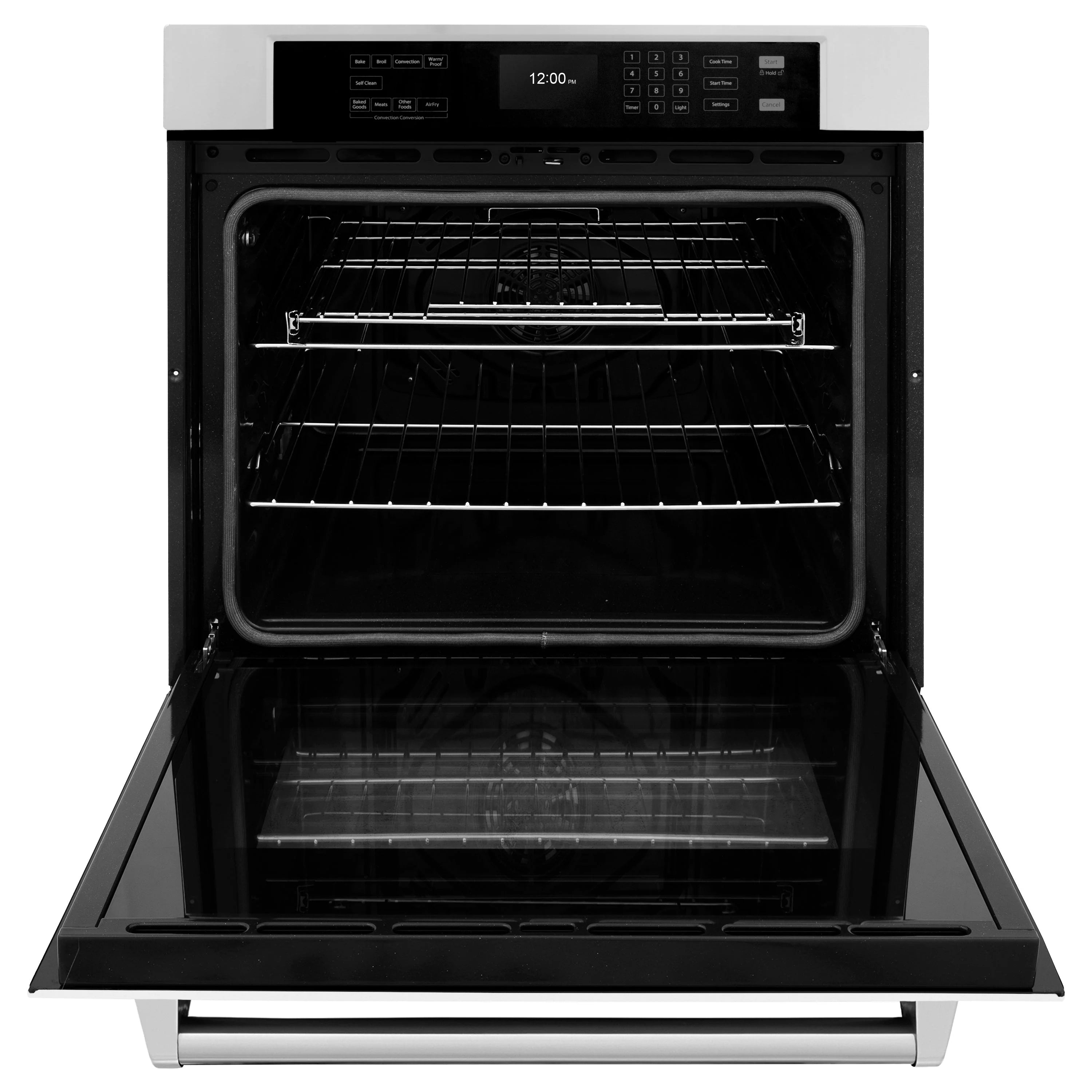 Stainless steel single wall oven with door open and wire racks inside.
