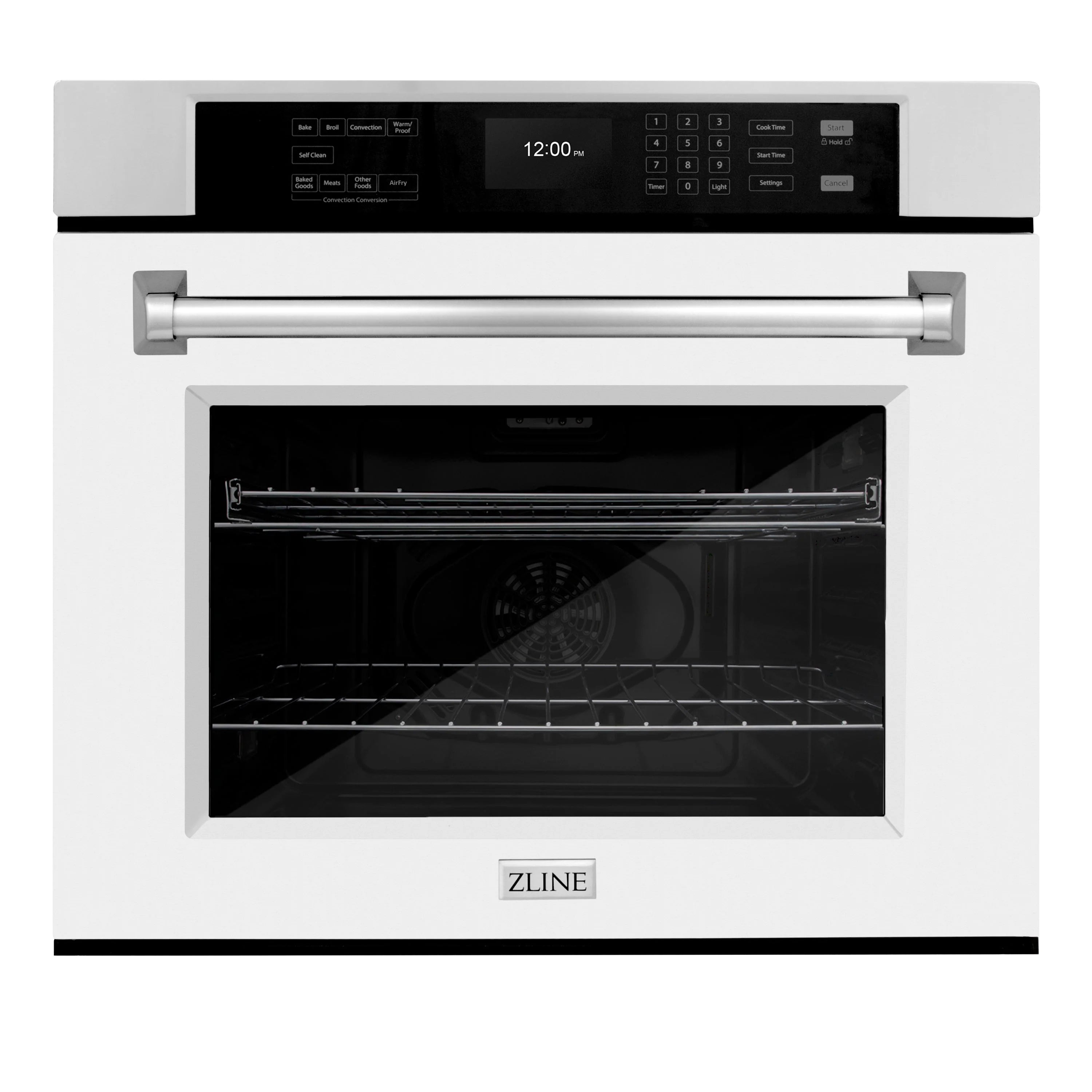 White matte oven door with pull handle, control panel, and ZLINE logo.