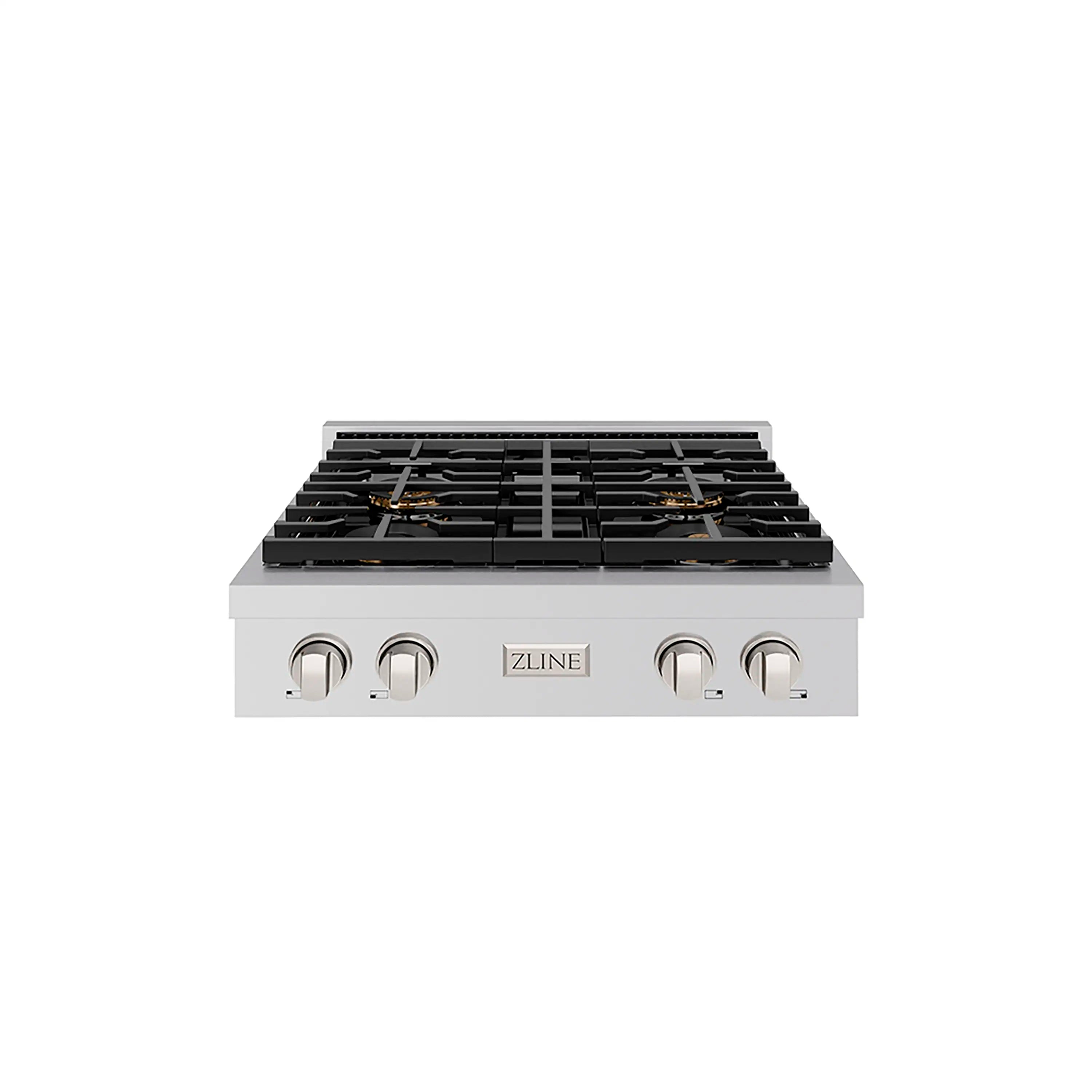 Stainless steel 30-inch gas rangetop with four burners and front control knobs