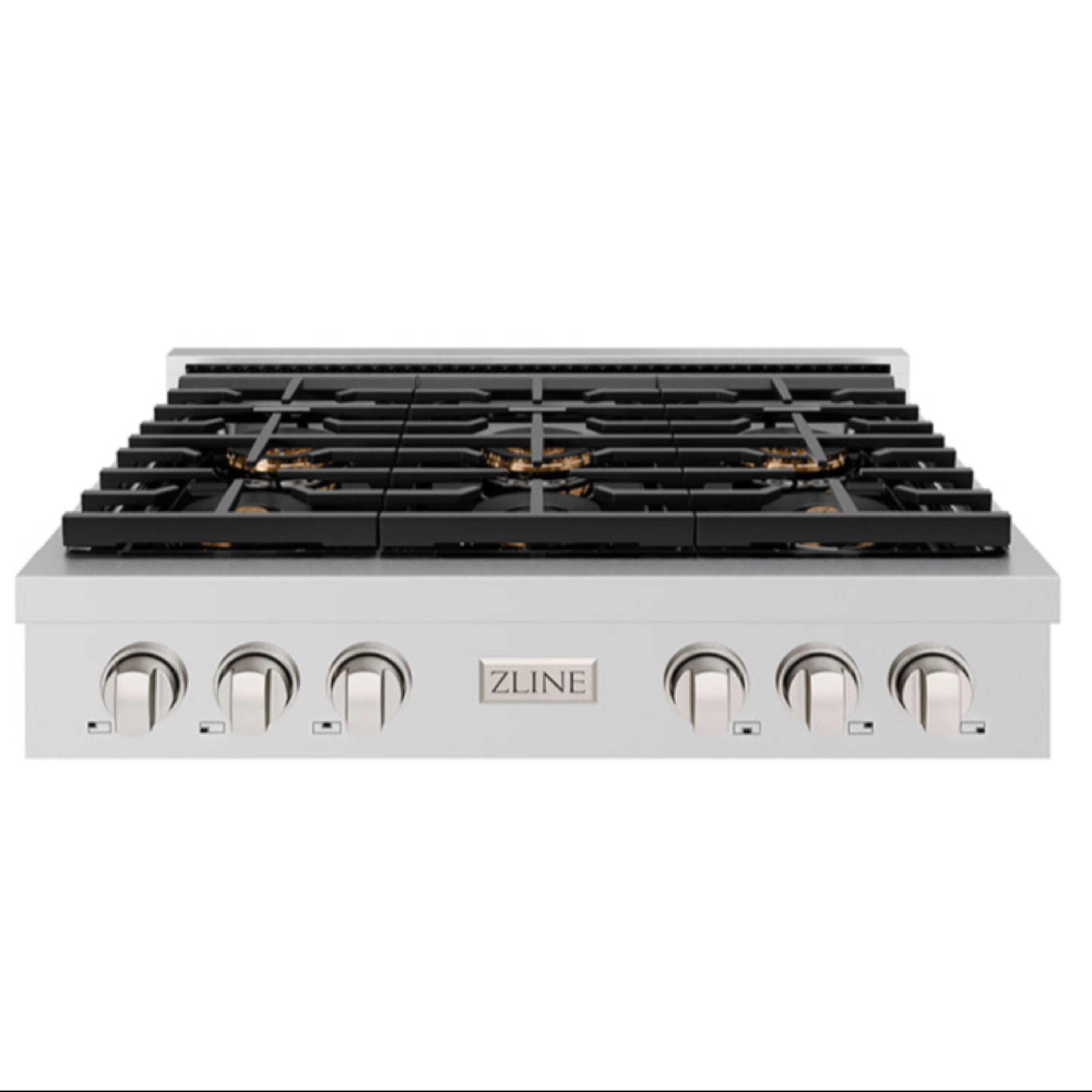 Stainless gas cooktop front with six control knobs and black burner grates.
