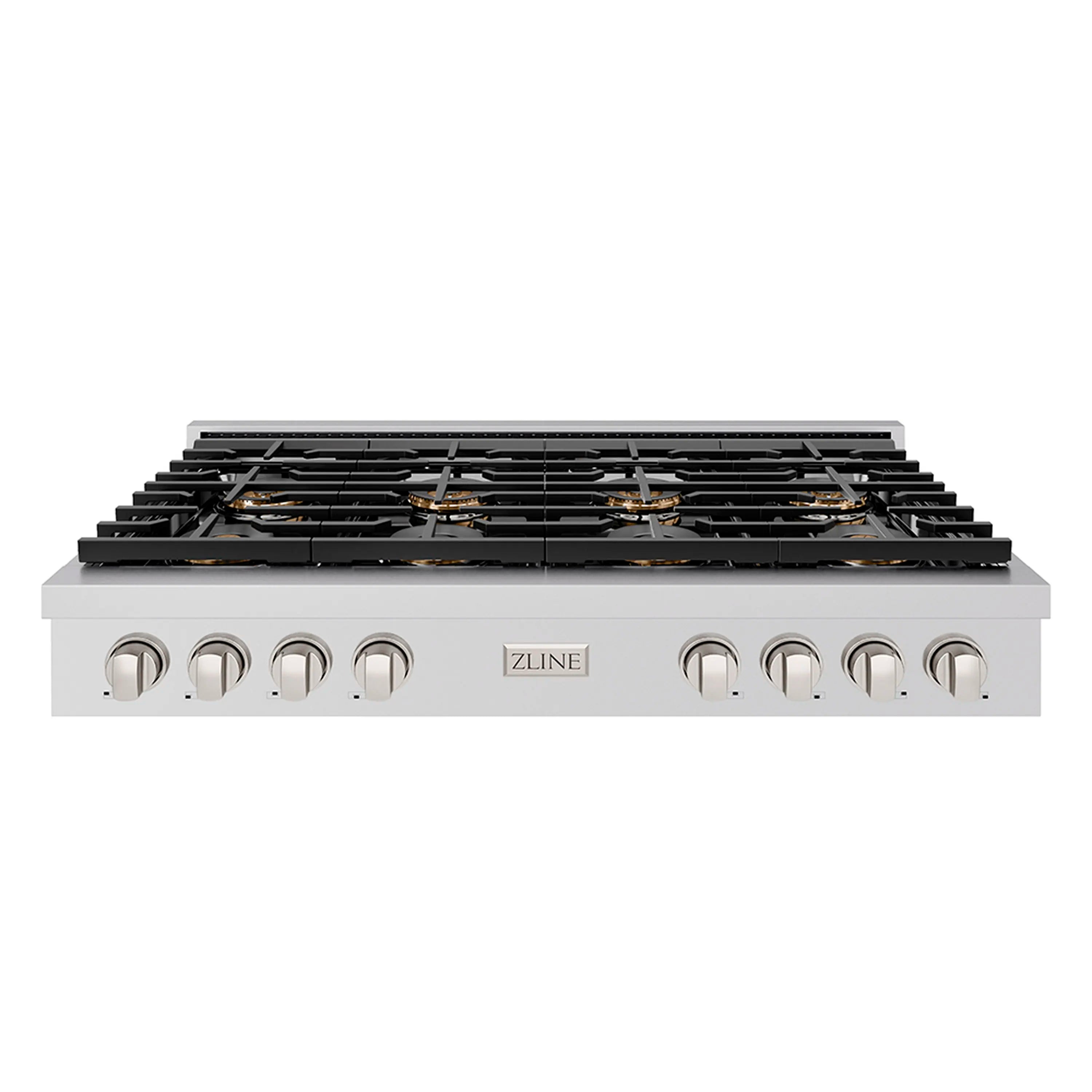 Stainless steel gas rangetop with eight burners and cast-iron grates