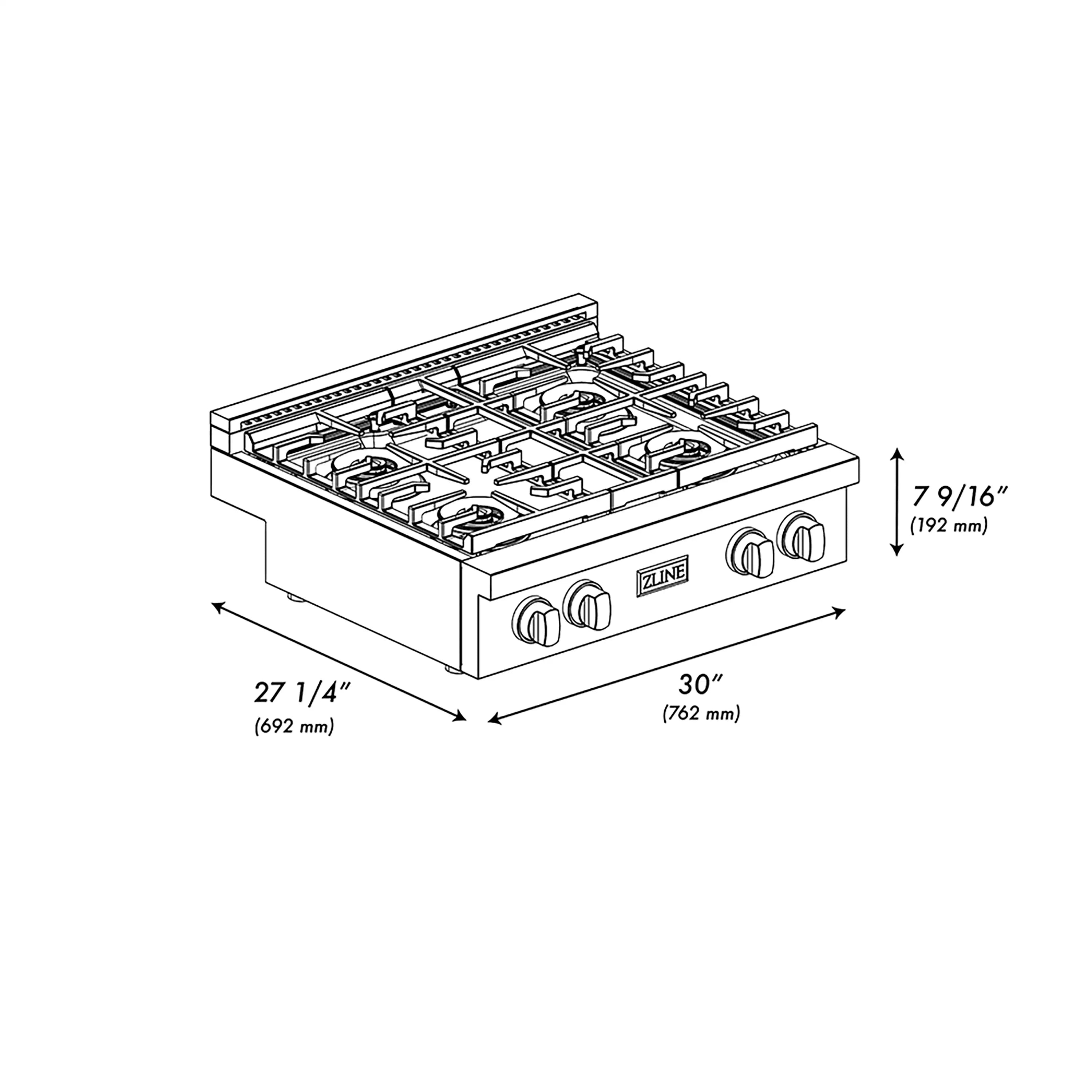 30-inch stainless gas cooktop diagram with four burners and front knob controls