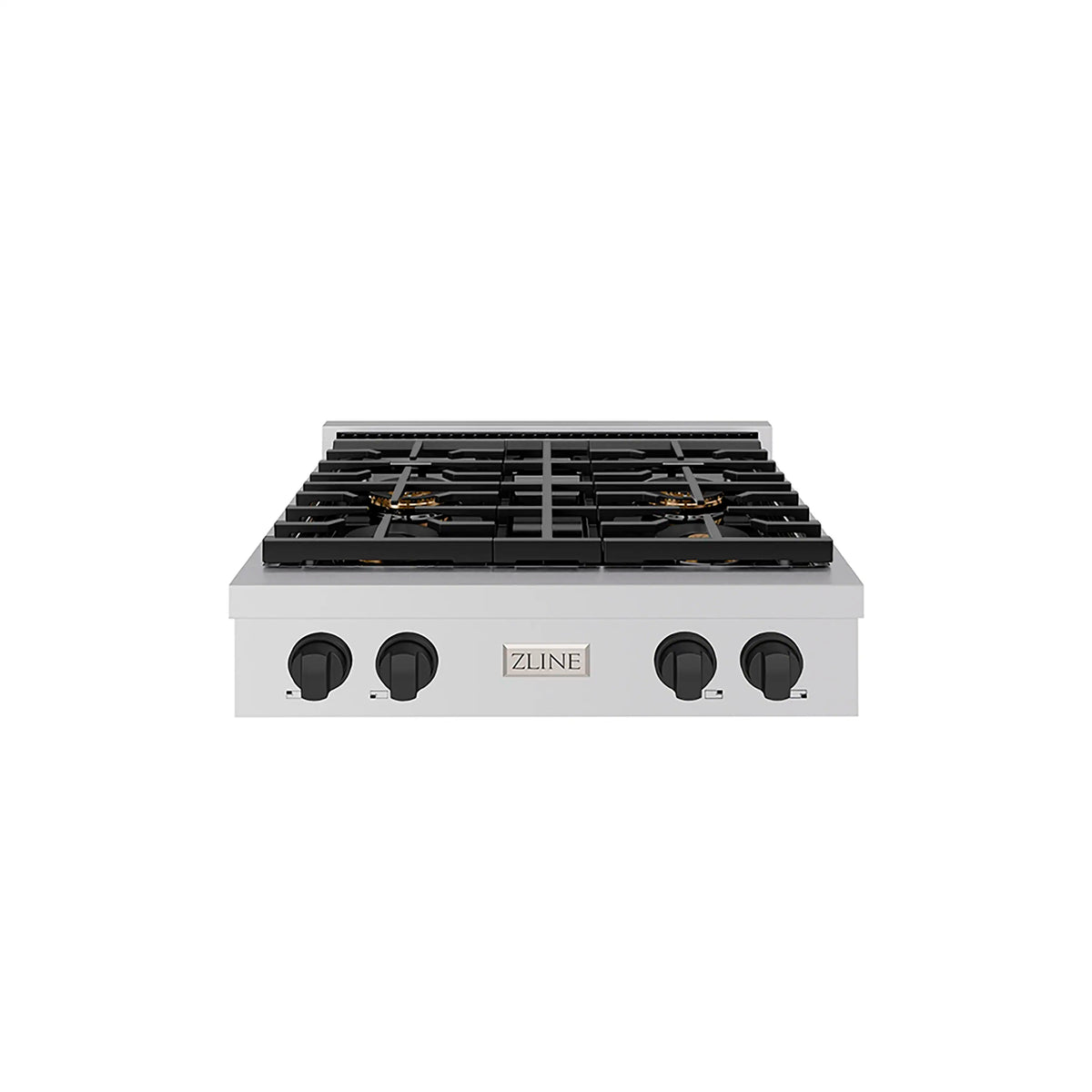 30-inch stainless gas cooktop with black grates and four control knobs