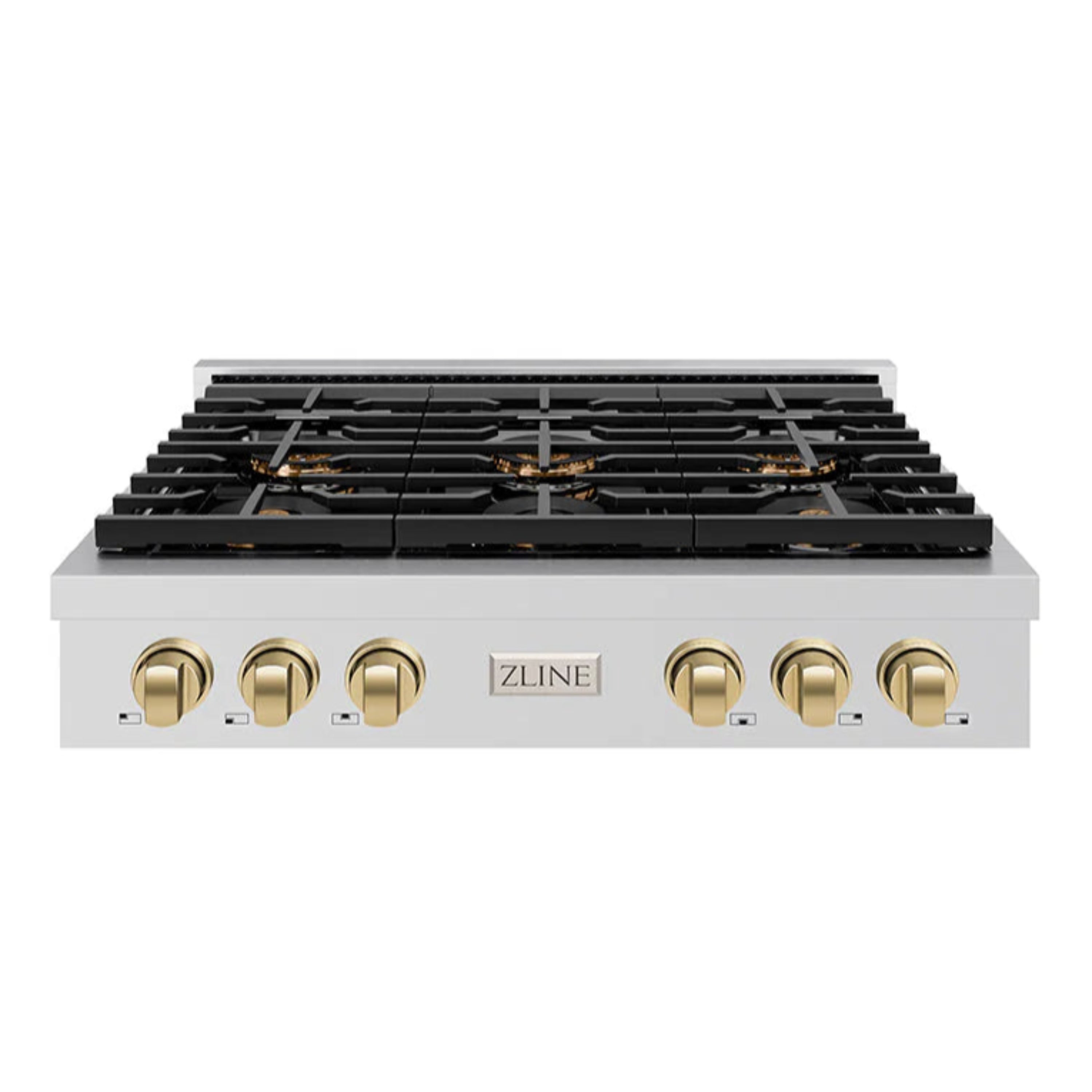 Stainless steel gas rangetop with black grates and champagne bronze control knobs
