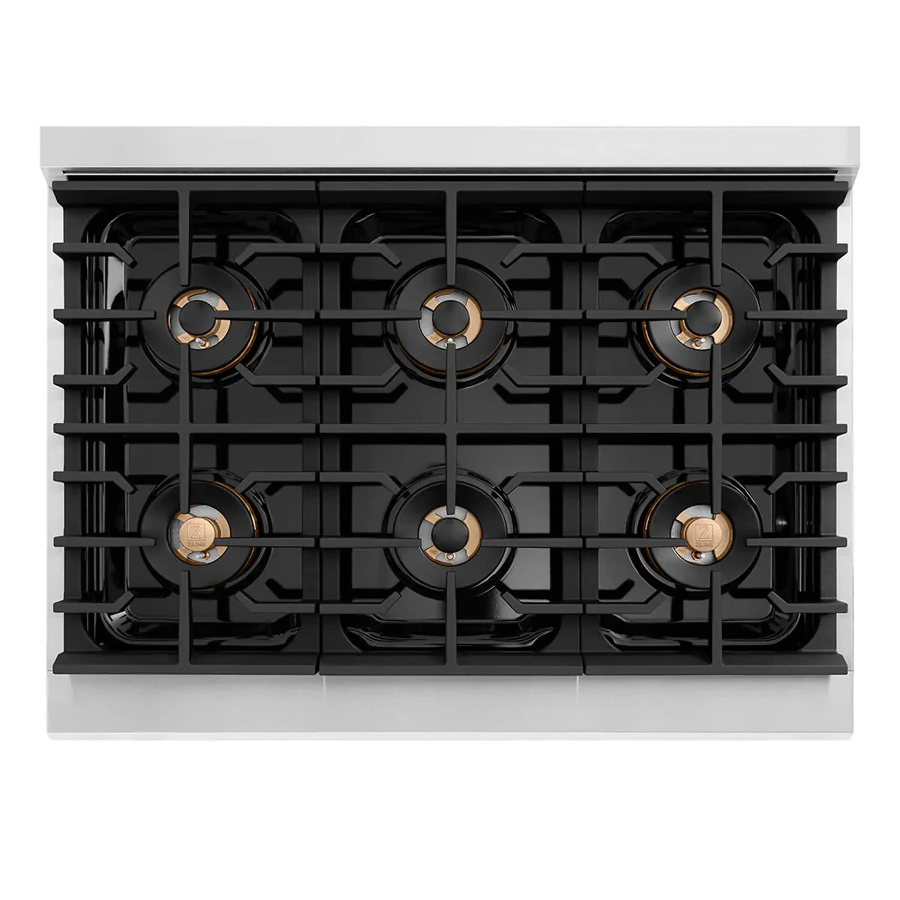 Stainless gas rangetop with six burners, black grates and gold accents