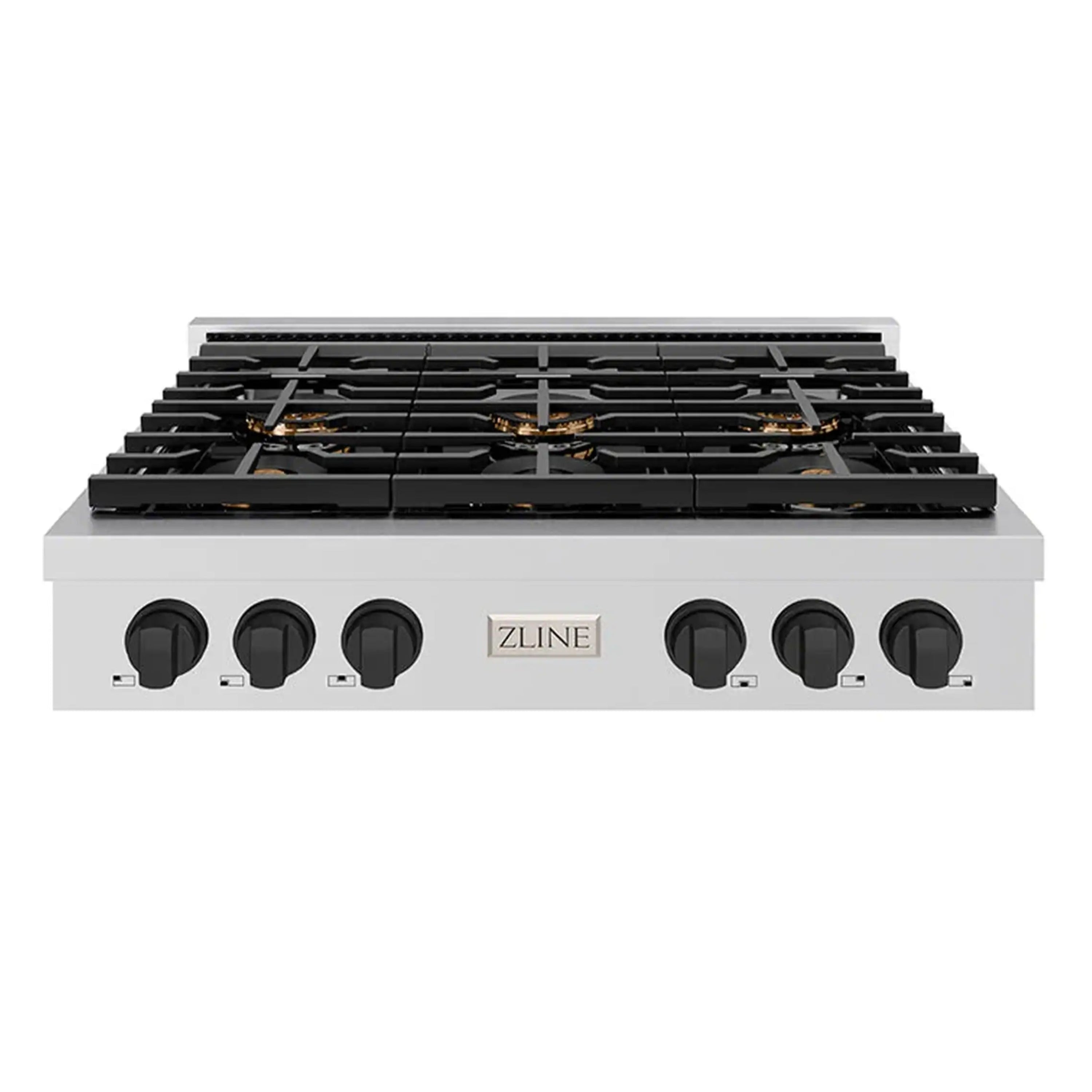 Stainless gas rangetop with 6 black burner grates and front control knobs