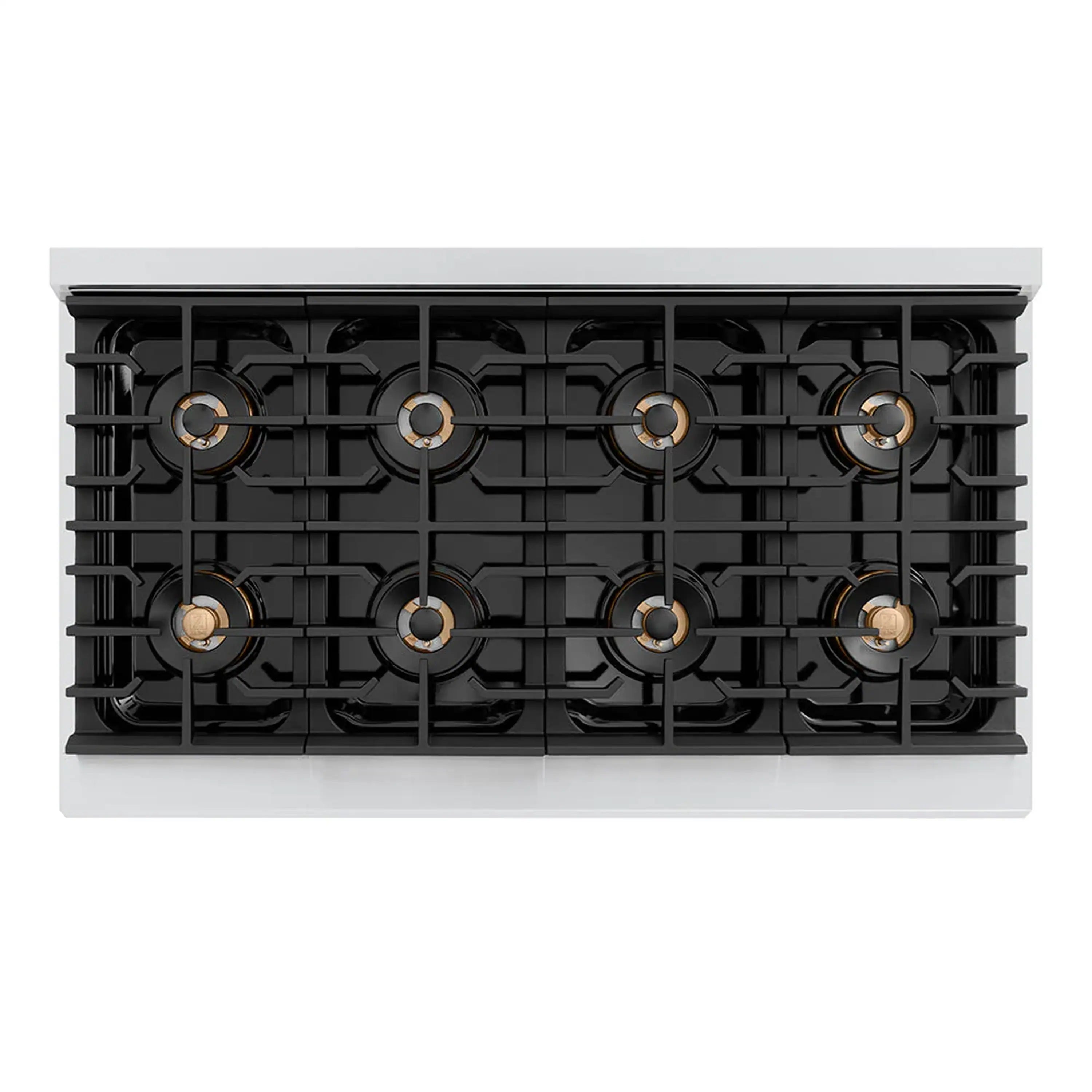 Top view of an 8-burner gas cooktop with black grates and bronze burner caps
