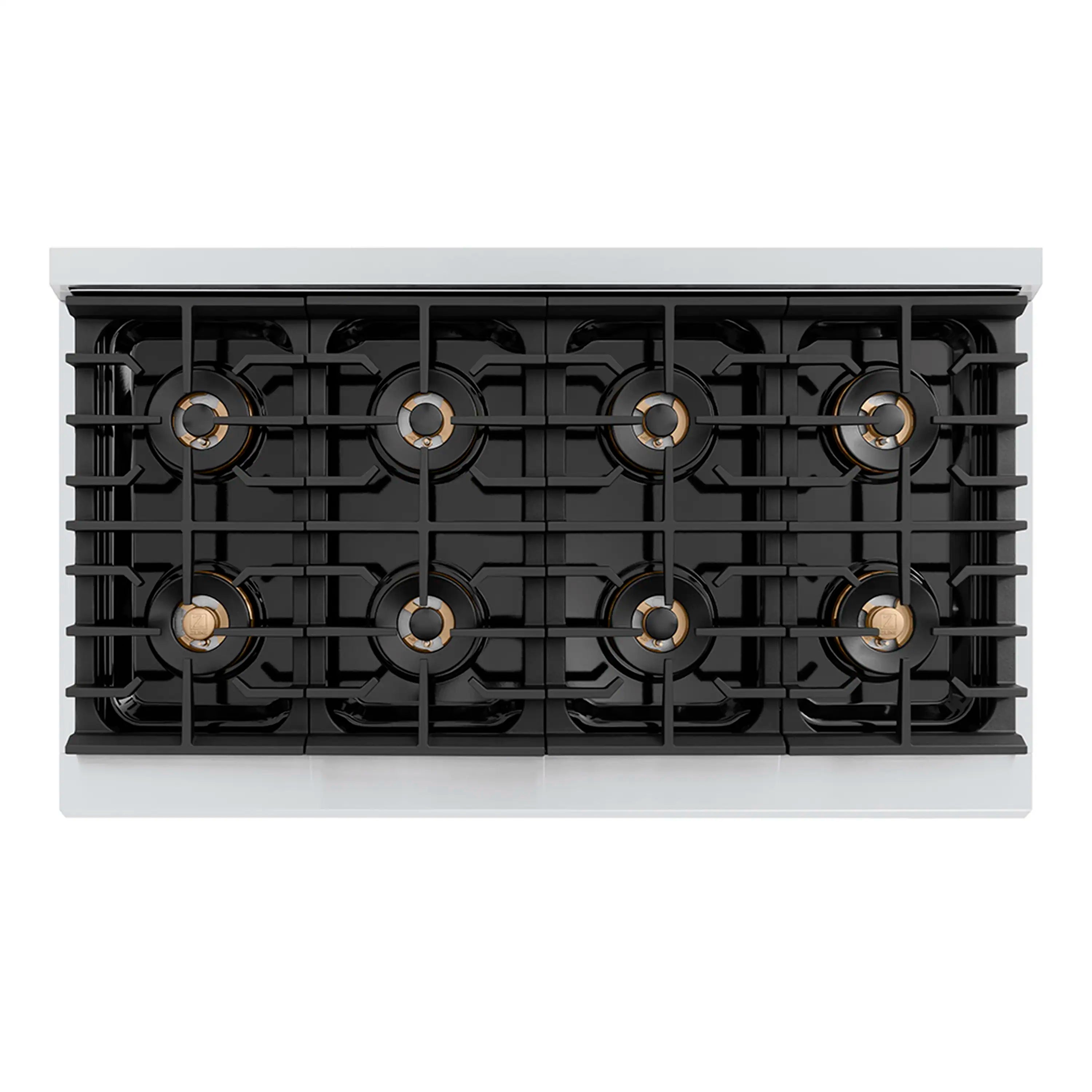 8-burner gas cooktop with black cast grates and polished gold burner caps