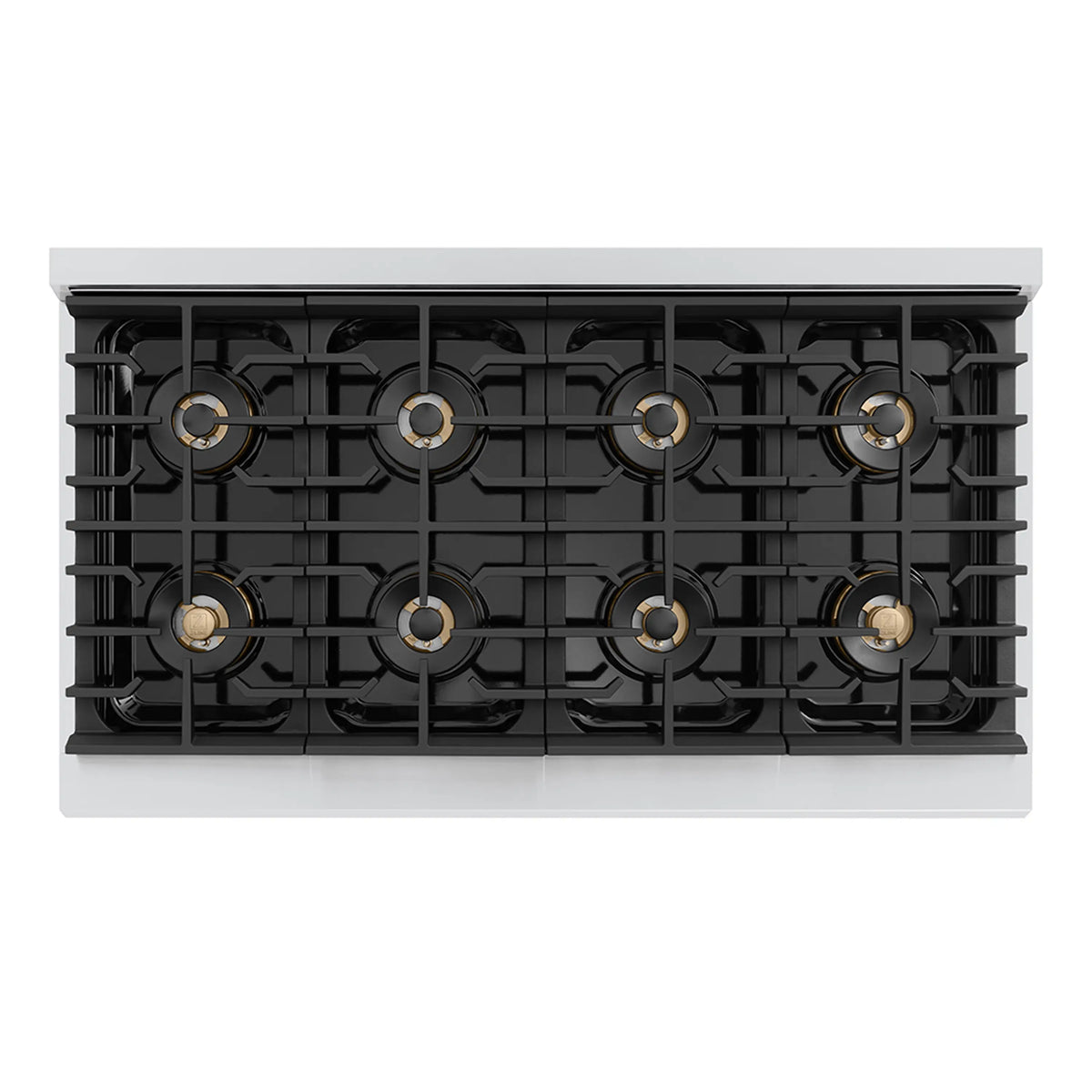 Gas rangetop burner layout with matte black grates and gold accents