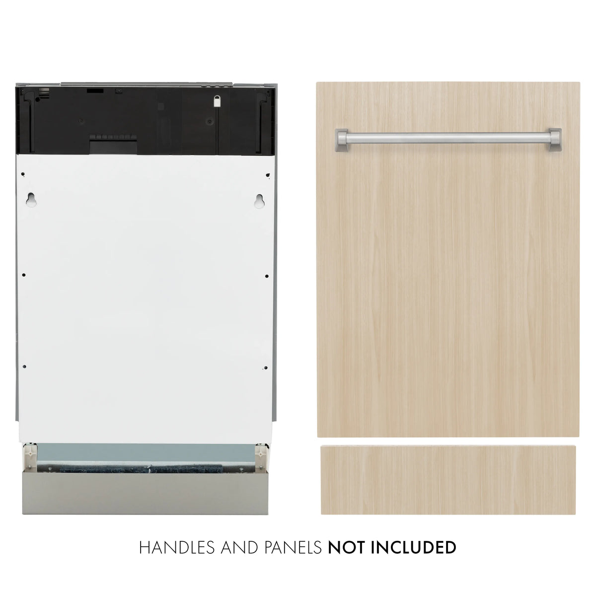 Built-in dishwasher with white exterior and open tub showing racks and base