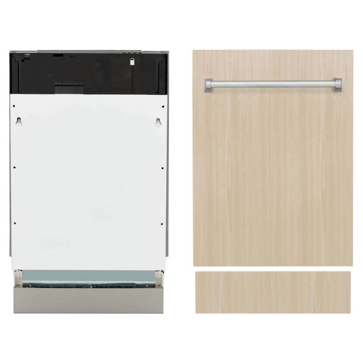 Dishwasher custom panel kit showing mounting frame and two light wood panels